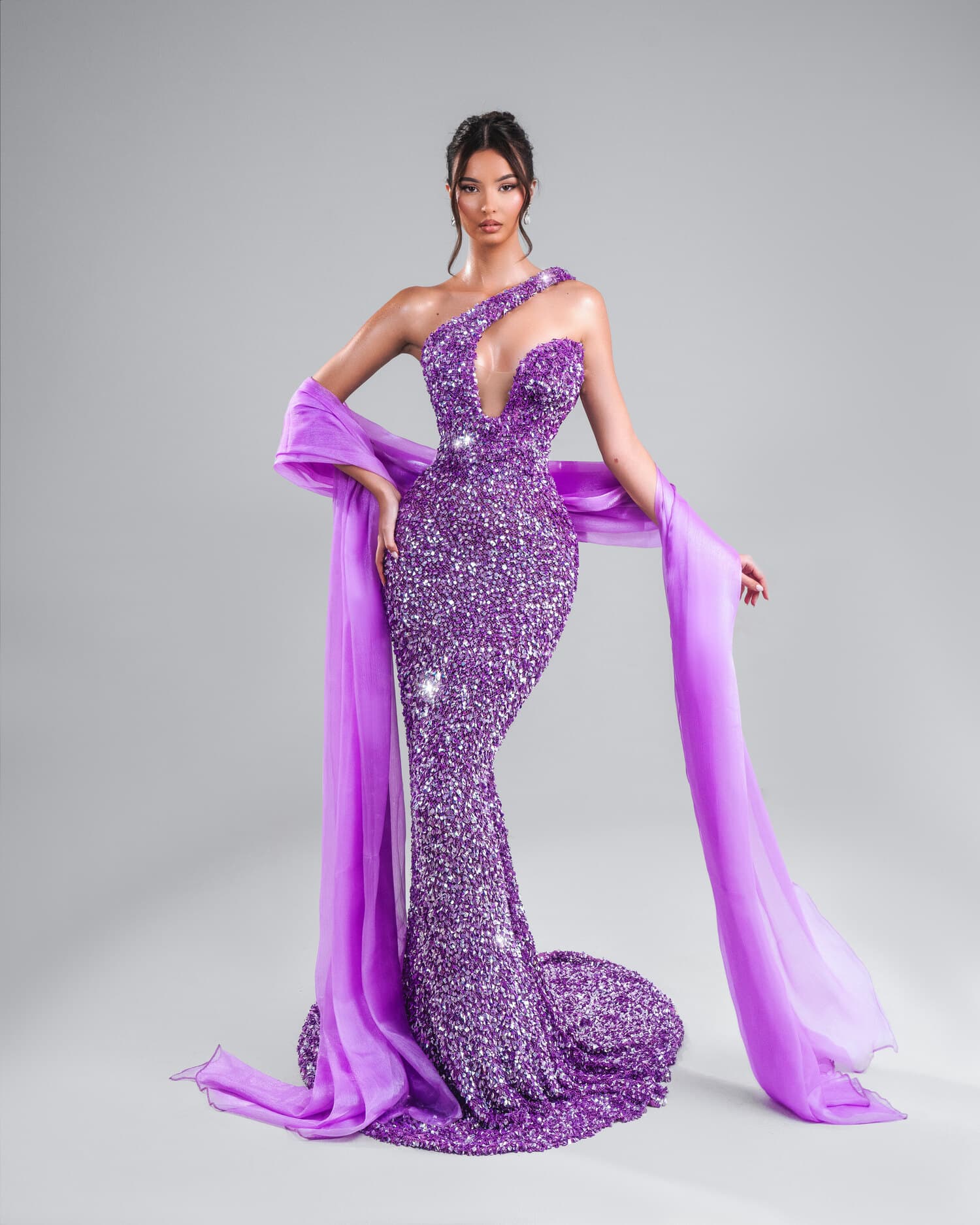 AMÉTHYSE — amethyst sequin one-shoulder mermaid with purple organza wrap, AURORA collection by BLINI