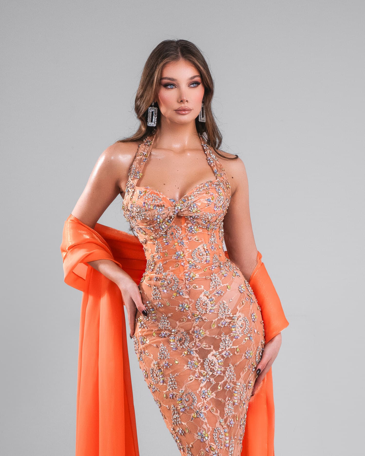 CORALIE — coral crystal mermaid with orange organza wrap on nude illusion tulle, AURORA collection by BLINI