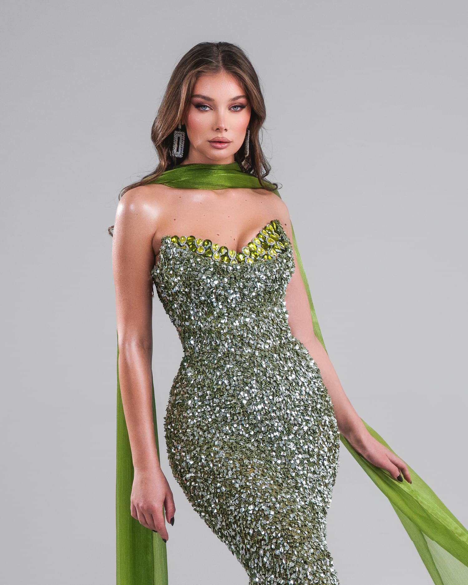 ÉMERINE — green sequin mermaid with green organza wrap, AURORA collection by BLINI