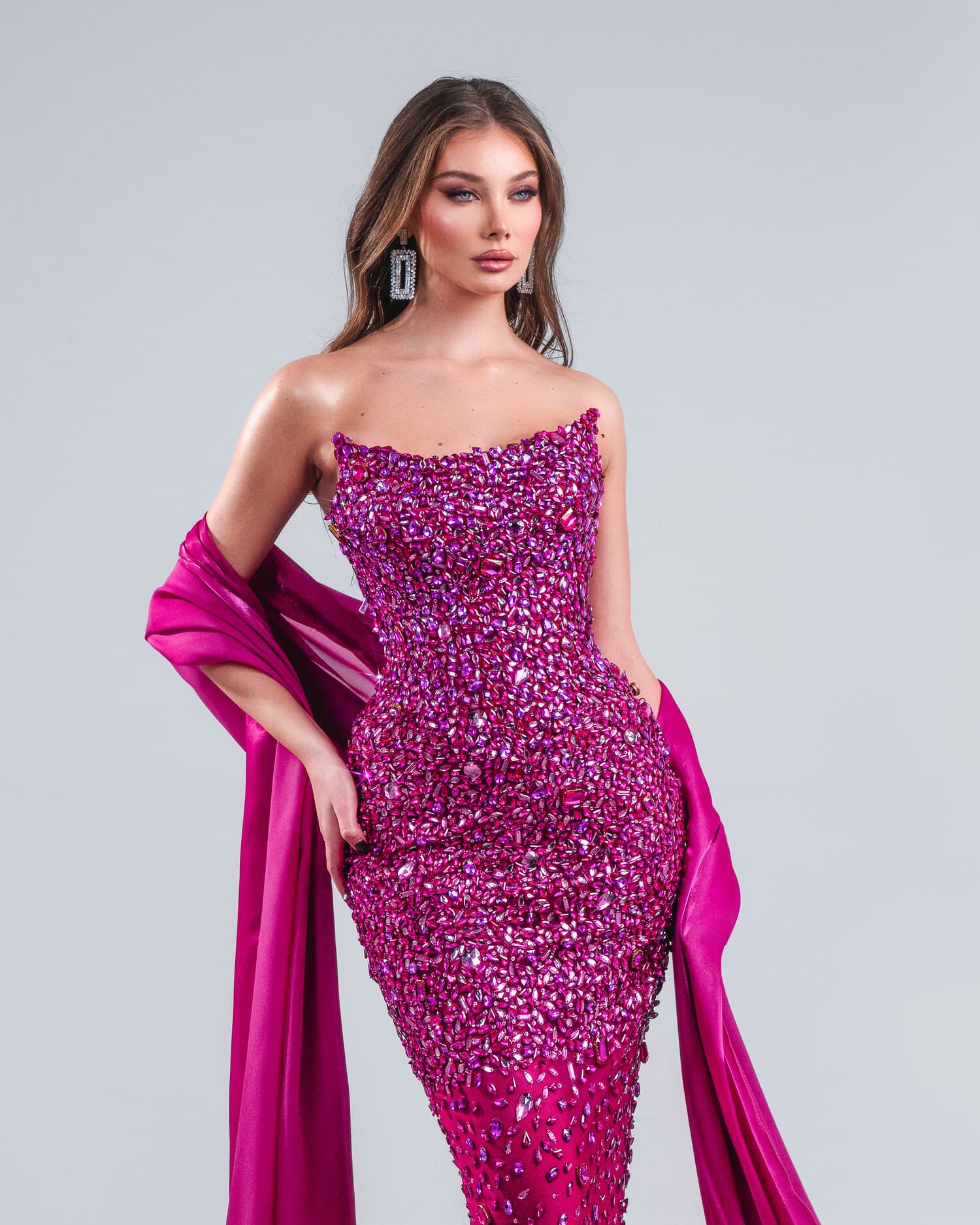 FUCHSÉLLE — fuchsia sequin mermaid with magenta organza wrap, AURORA collection by BLINI