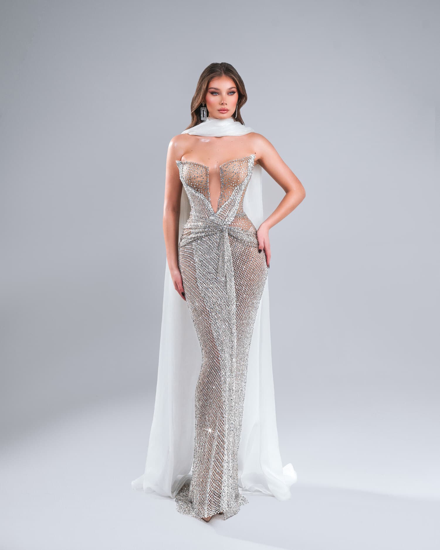 MERCURÉA — silver crystal-net mermaid with knotted waist and sheer cape, AURORA collection by BLINI
