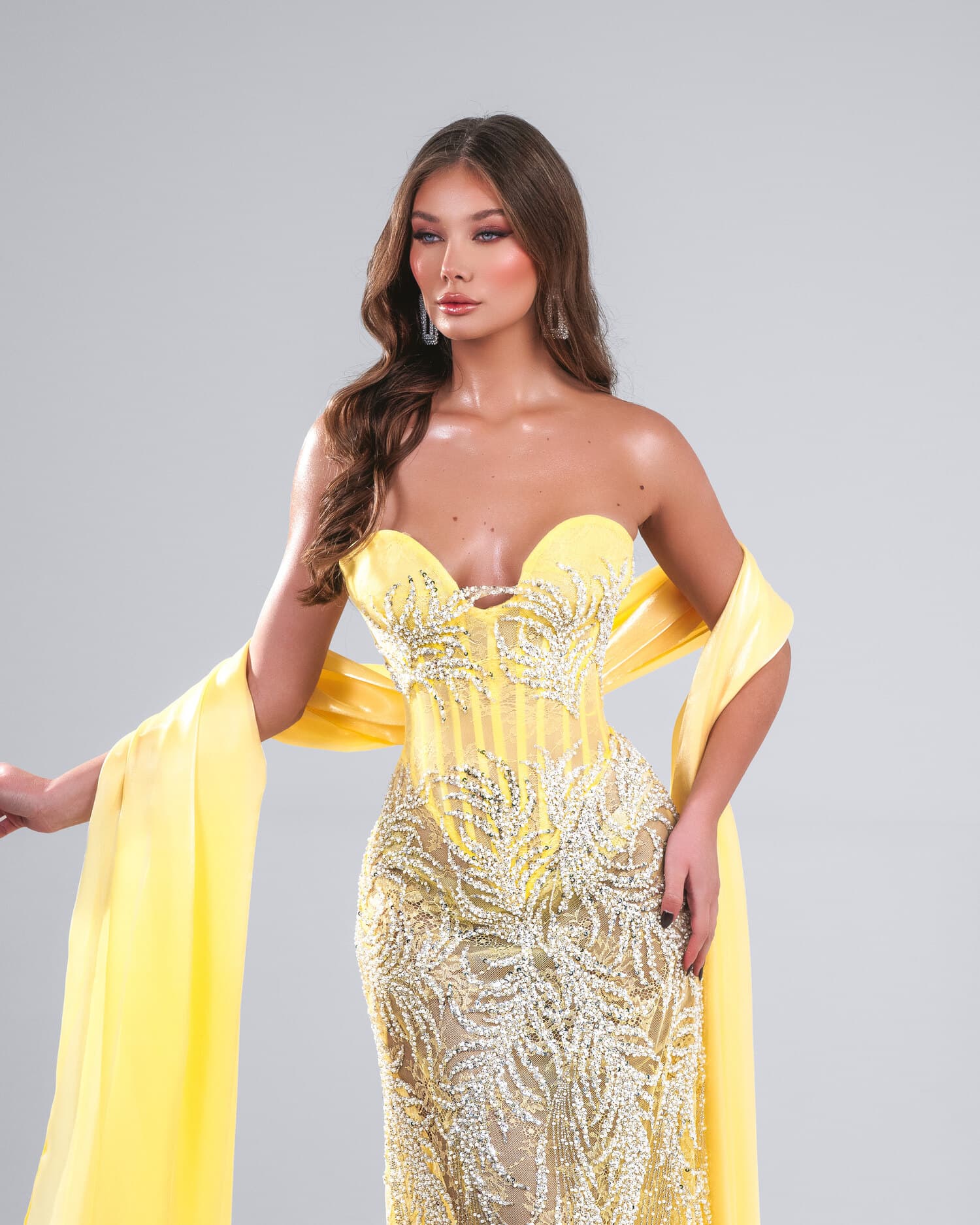 MIMOSÉA — yellow-gold sequin gown with chiffon cape sleeves, AURORA collection by BLINI