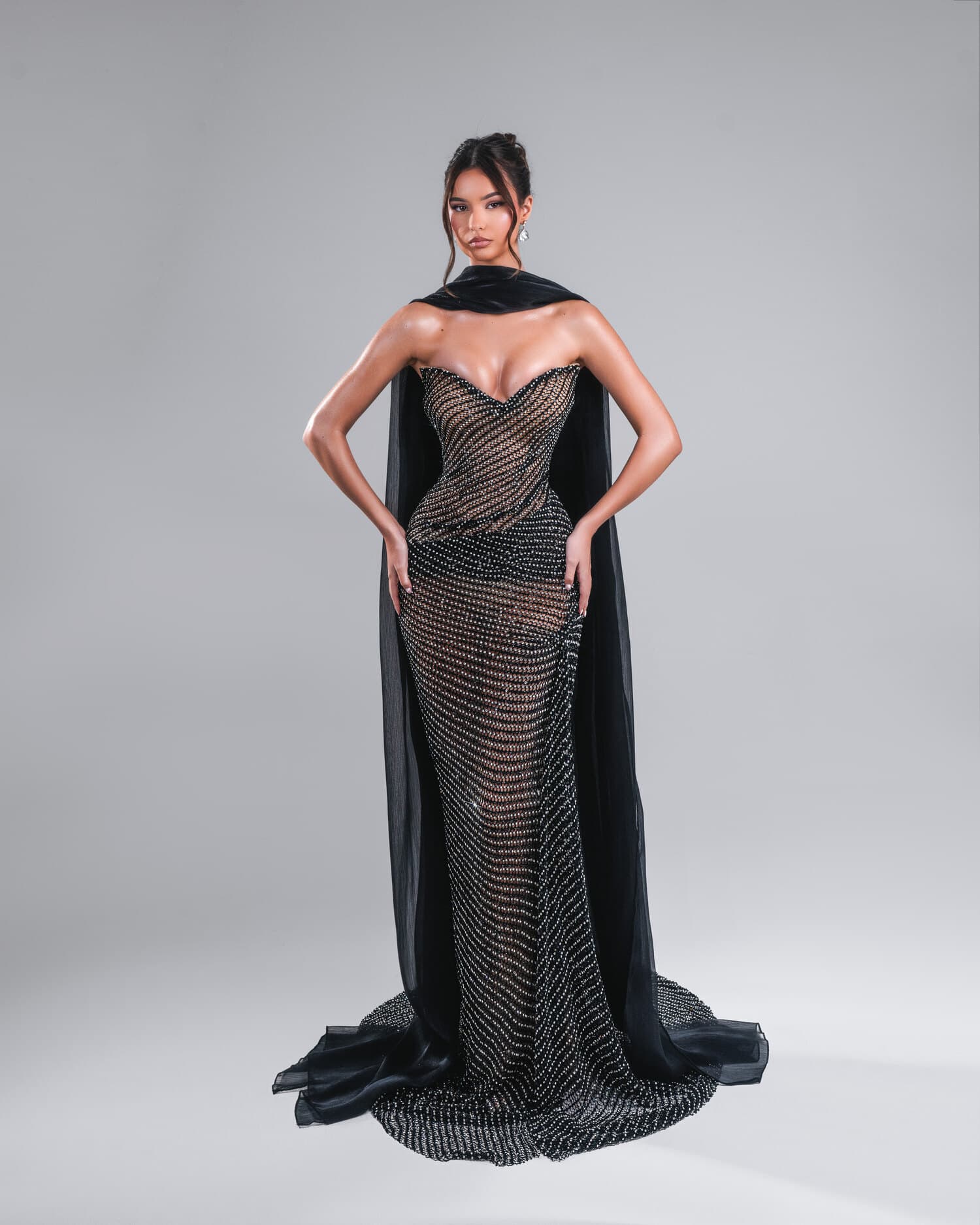 ONYXIA — black crystal-mesh sheer mermaid with organza cape, AURORA collection by BLINI