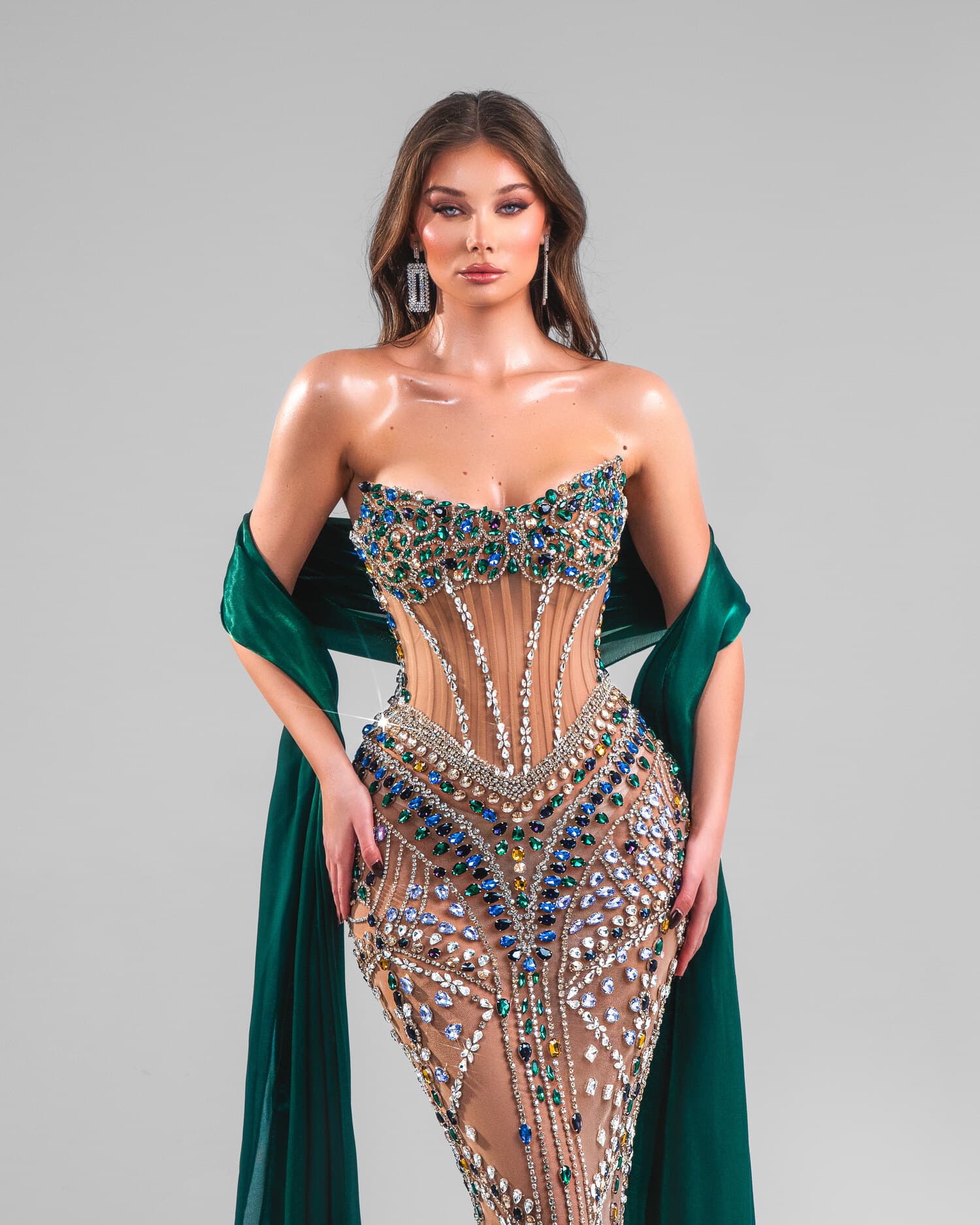 VÉRIDIA — emerald crystal gown with off-shoulder velvet wrap and thigh slit, AURORA collection by BLINI