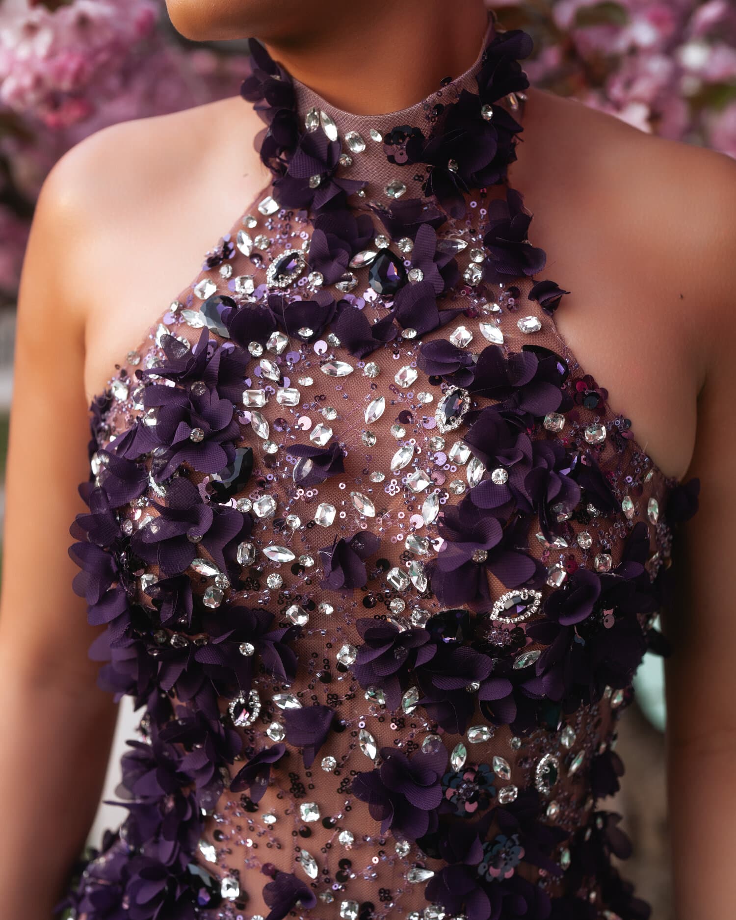 AMETHIA — bodice closeup, three-dimensional silk florals and hand-set crystal beading