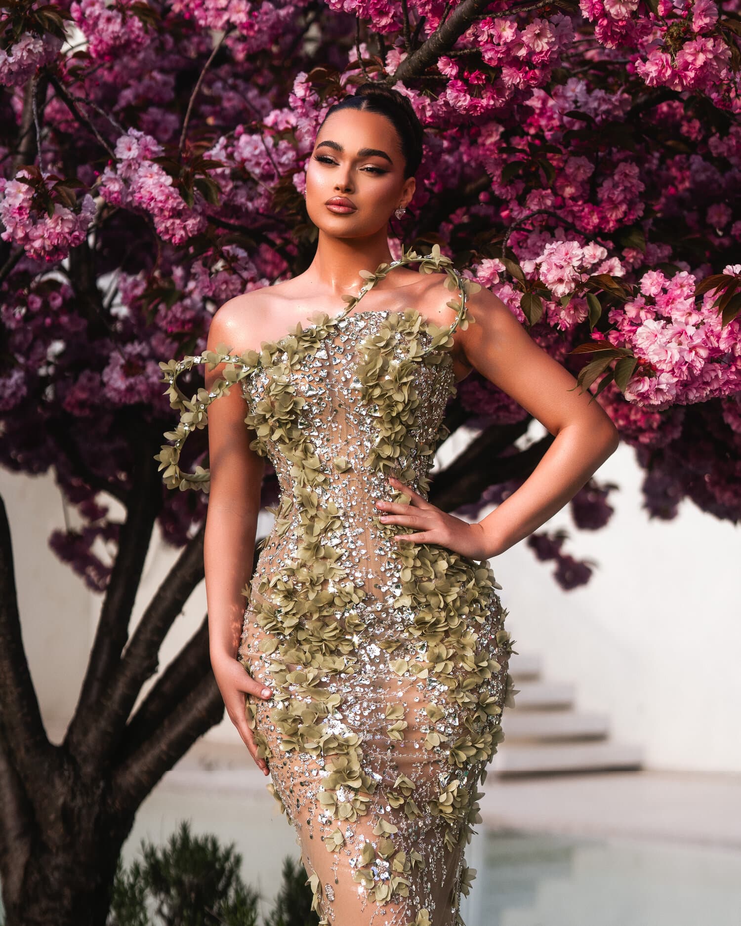 AURIA — front portrait, off-shoulder neckline and leaf-vine detail
