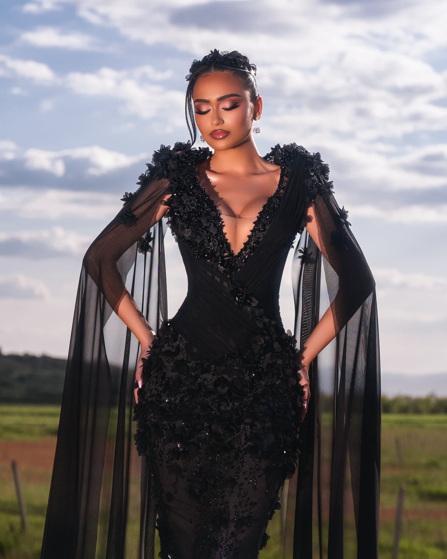NOIRA — bodice and cape sleeves closeup, 3D floral appliqué