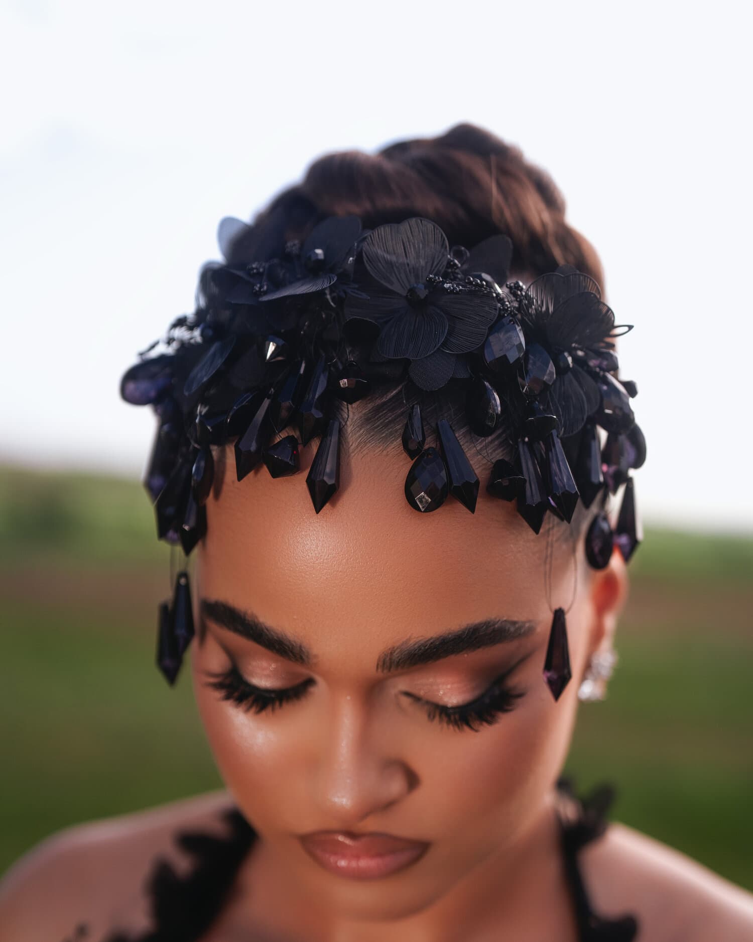 NYRA — floral crown headpiece detail, beauty closeup