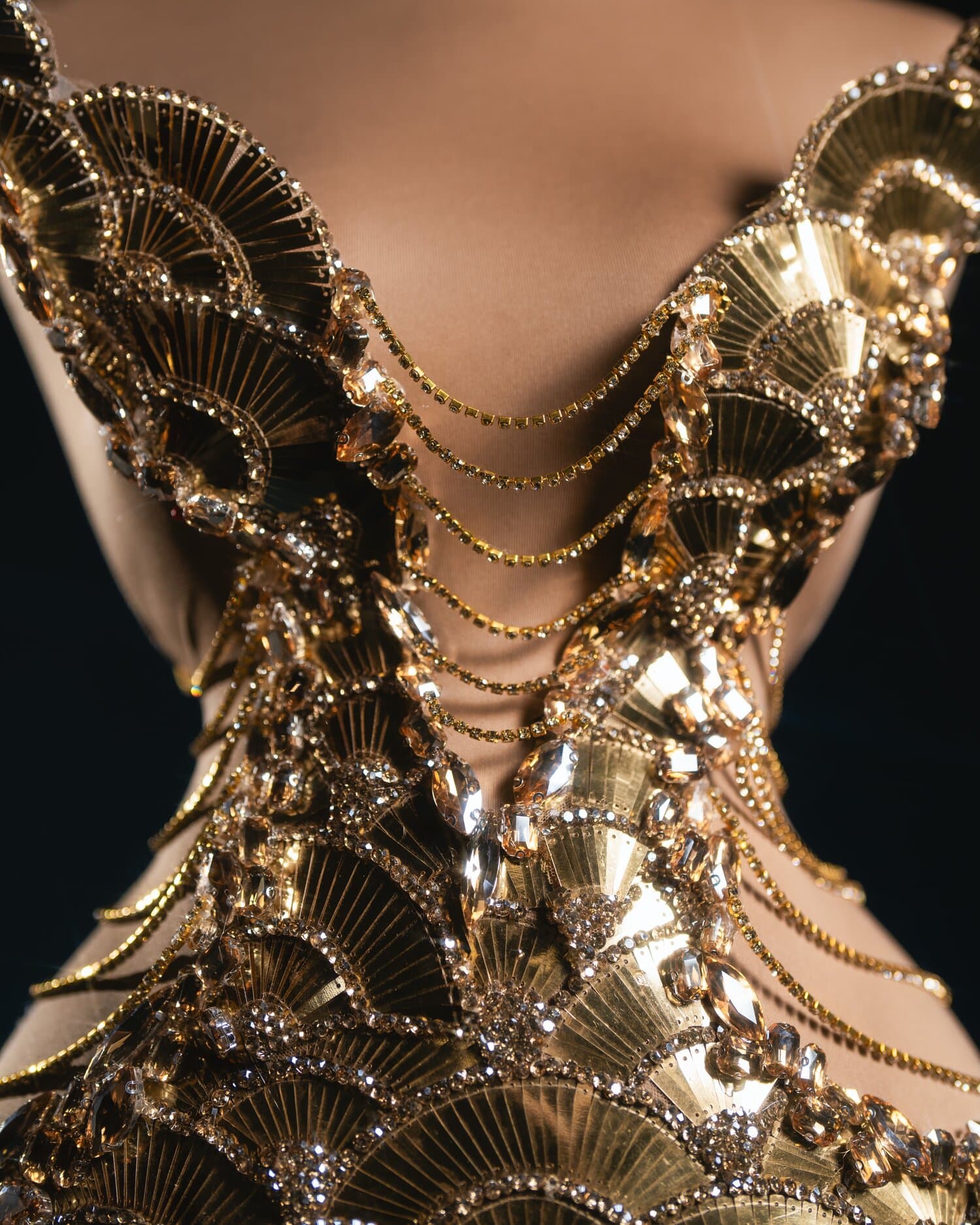 AURENNA — gold fan scale gown with crystal chain draped neckline (view 2)