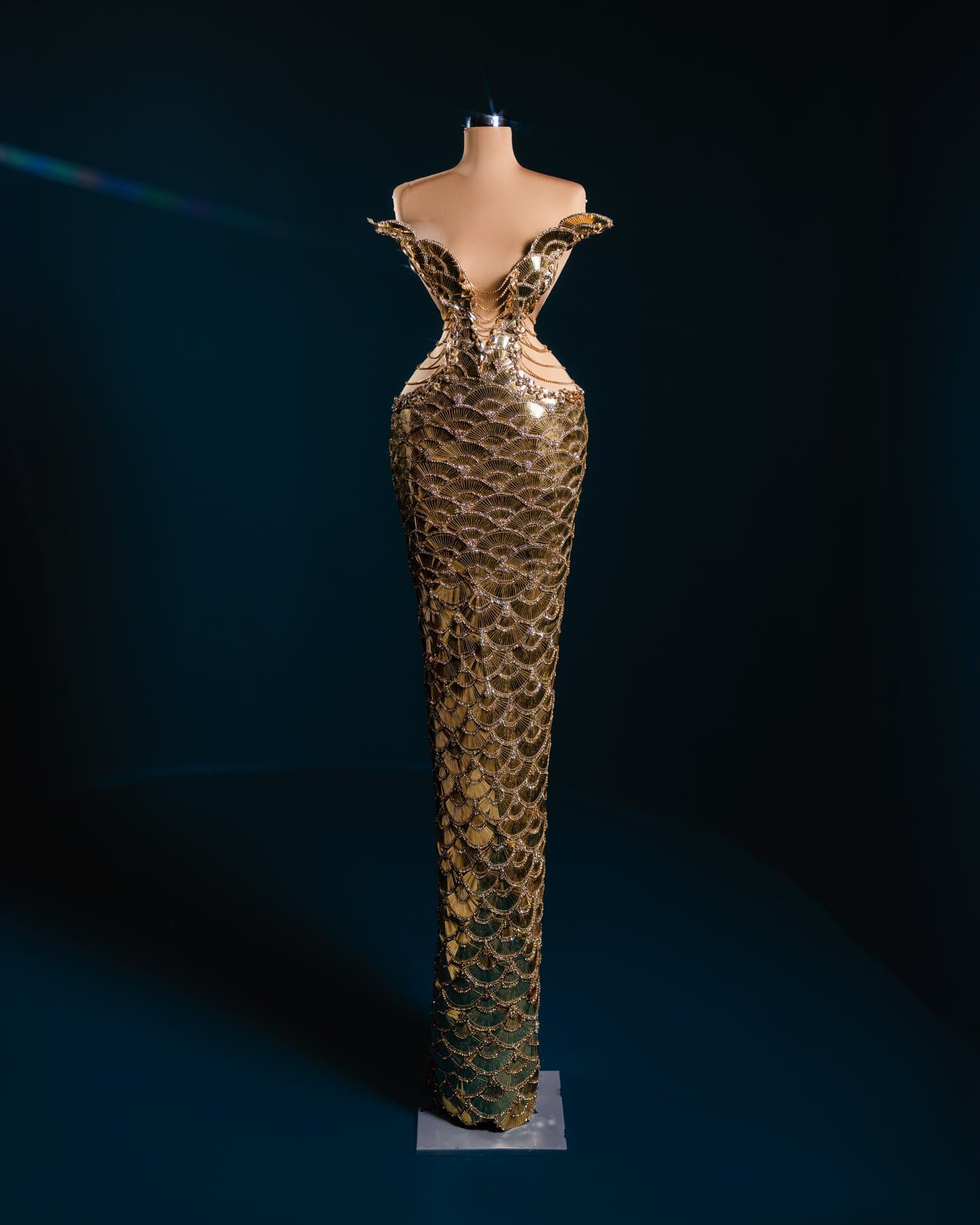 AURENNA — gold fan scale gown with crystal chain draped neckline (view 3)