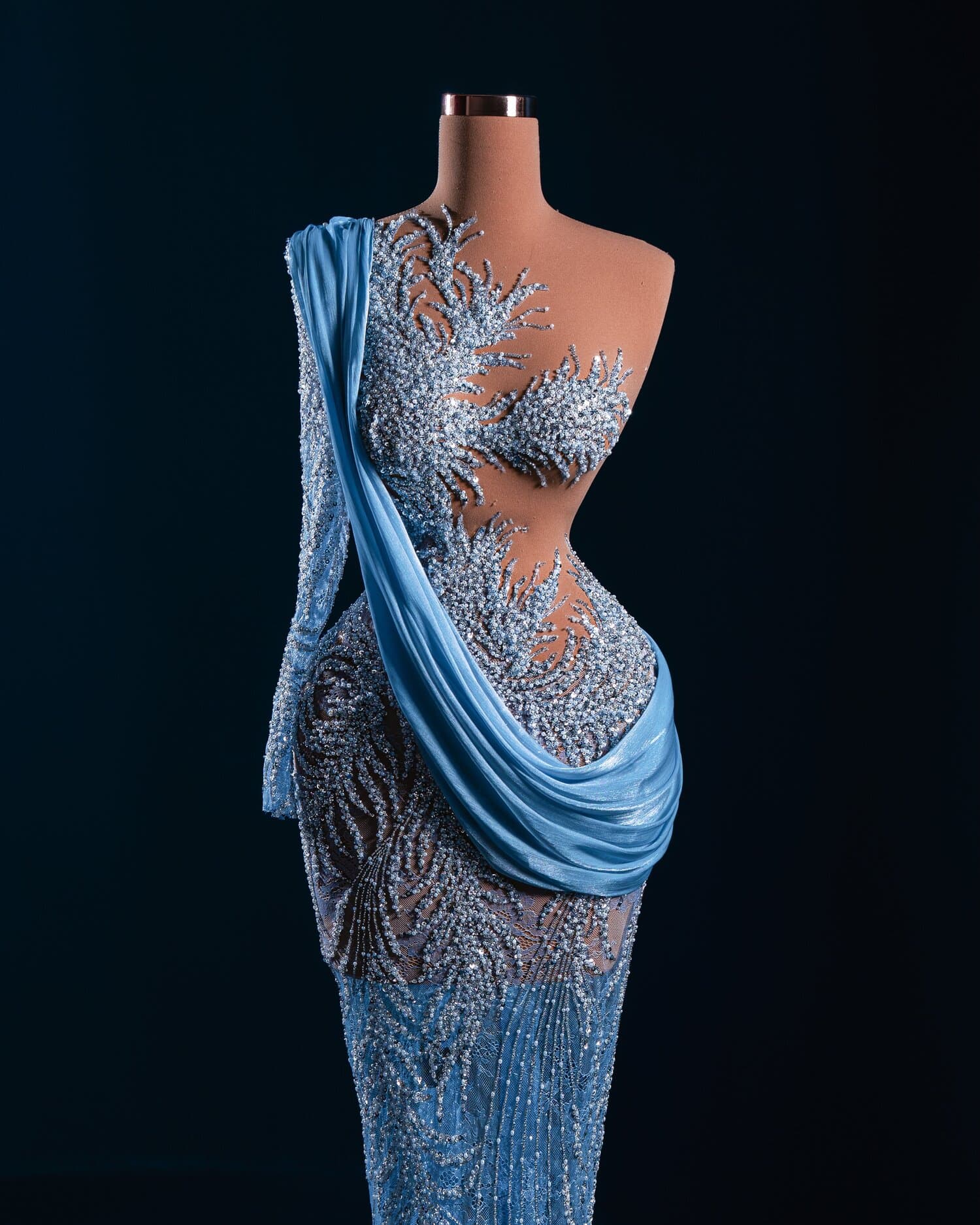 DAVINA — ice blue gown with draped sash and crystal embroidery
