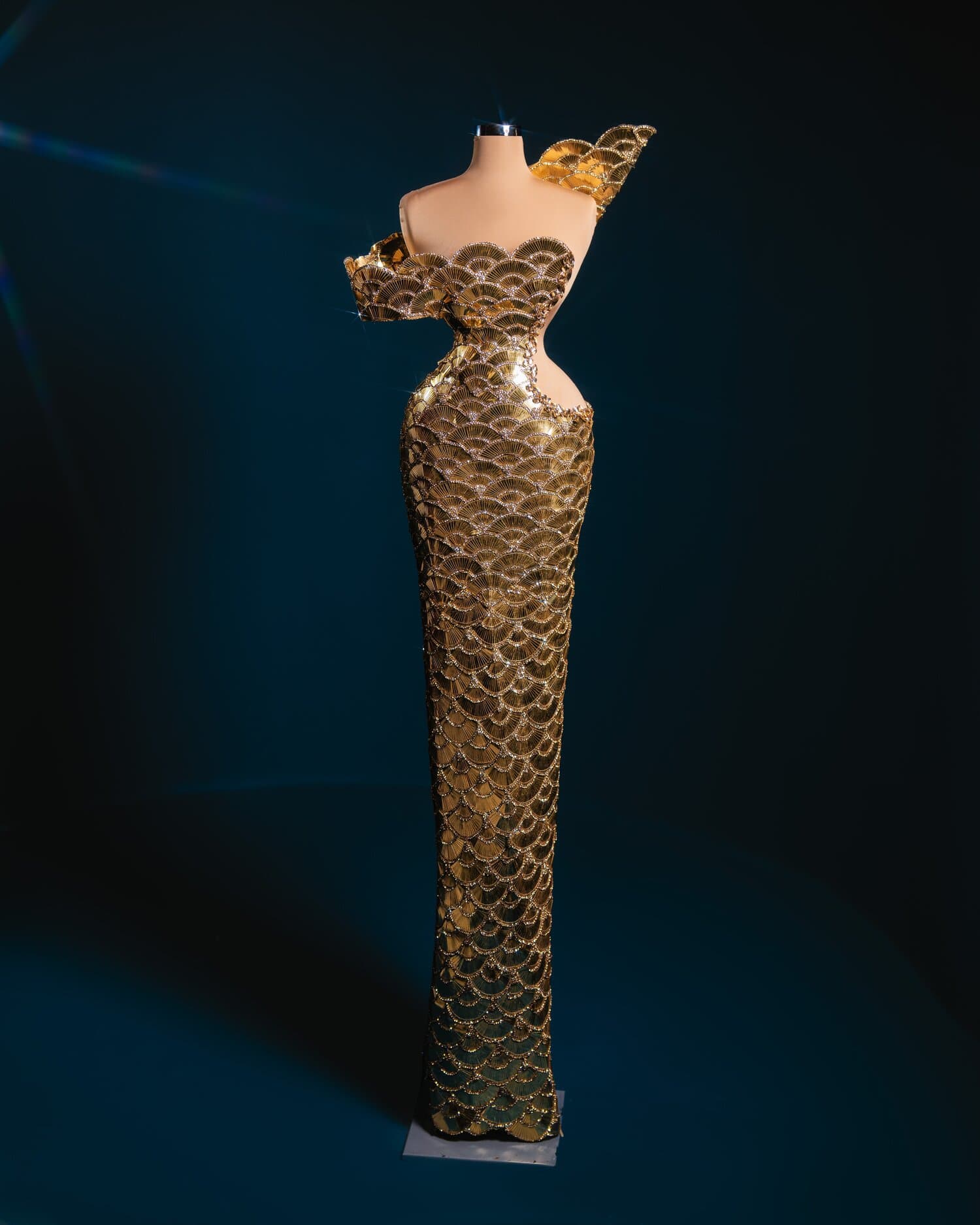 EMBERLY — gold fan scale one shoulder gown with wing detail (view 2)