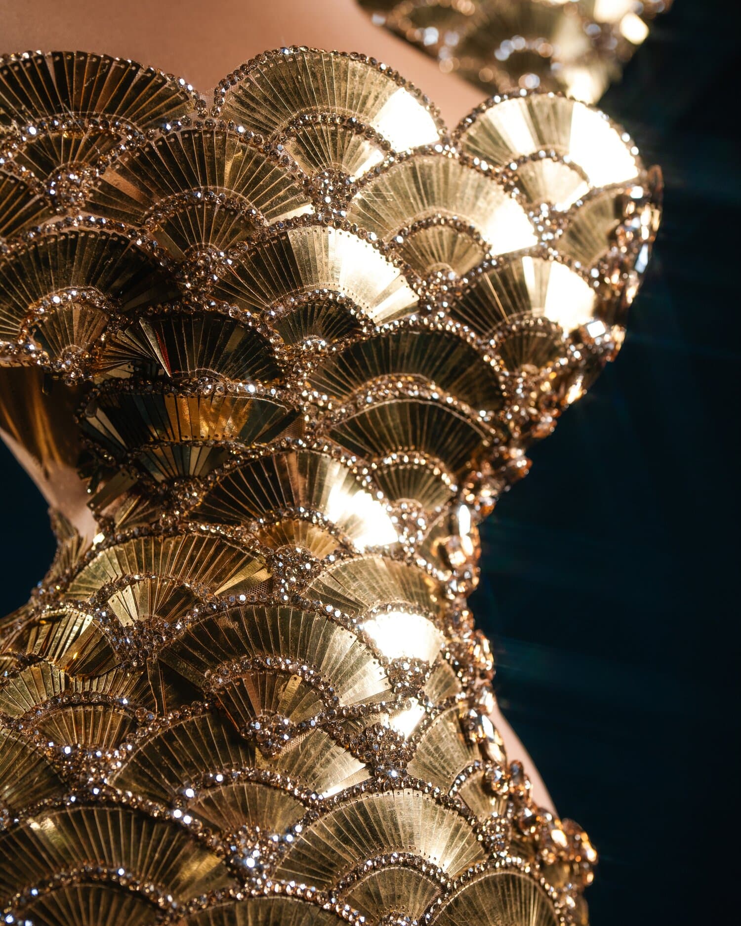EMBERLY — gold fan scale one shoulder gown with wing detail (view 3)