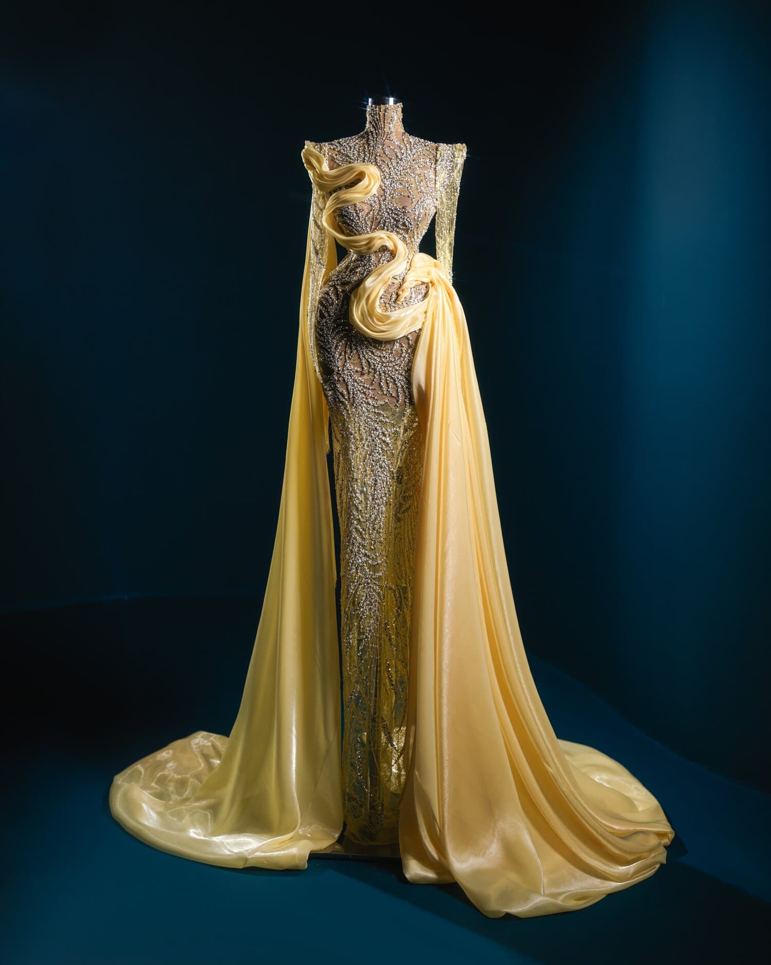 GISELLE — yellow organza swirl on beaded illusion gown (view 3)