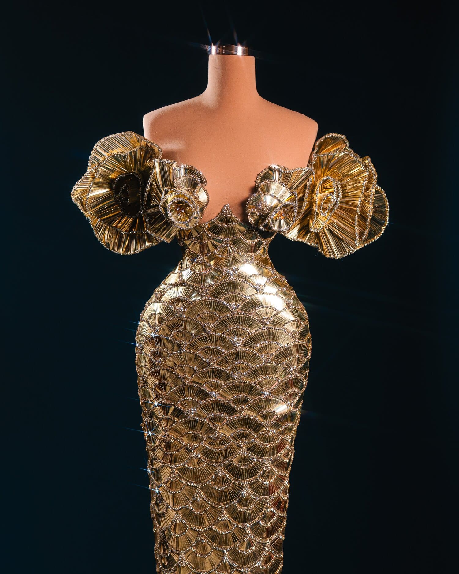 MARIBEL — gold scale mermaid gown with ruffle flower sleeves