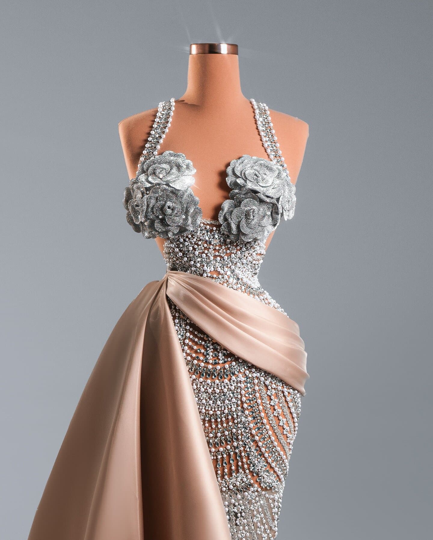MAYLIS — champagne satin mermaid gown with silver flower bodice