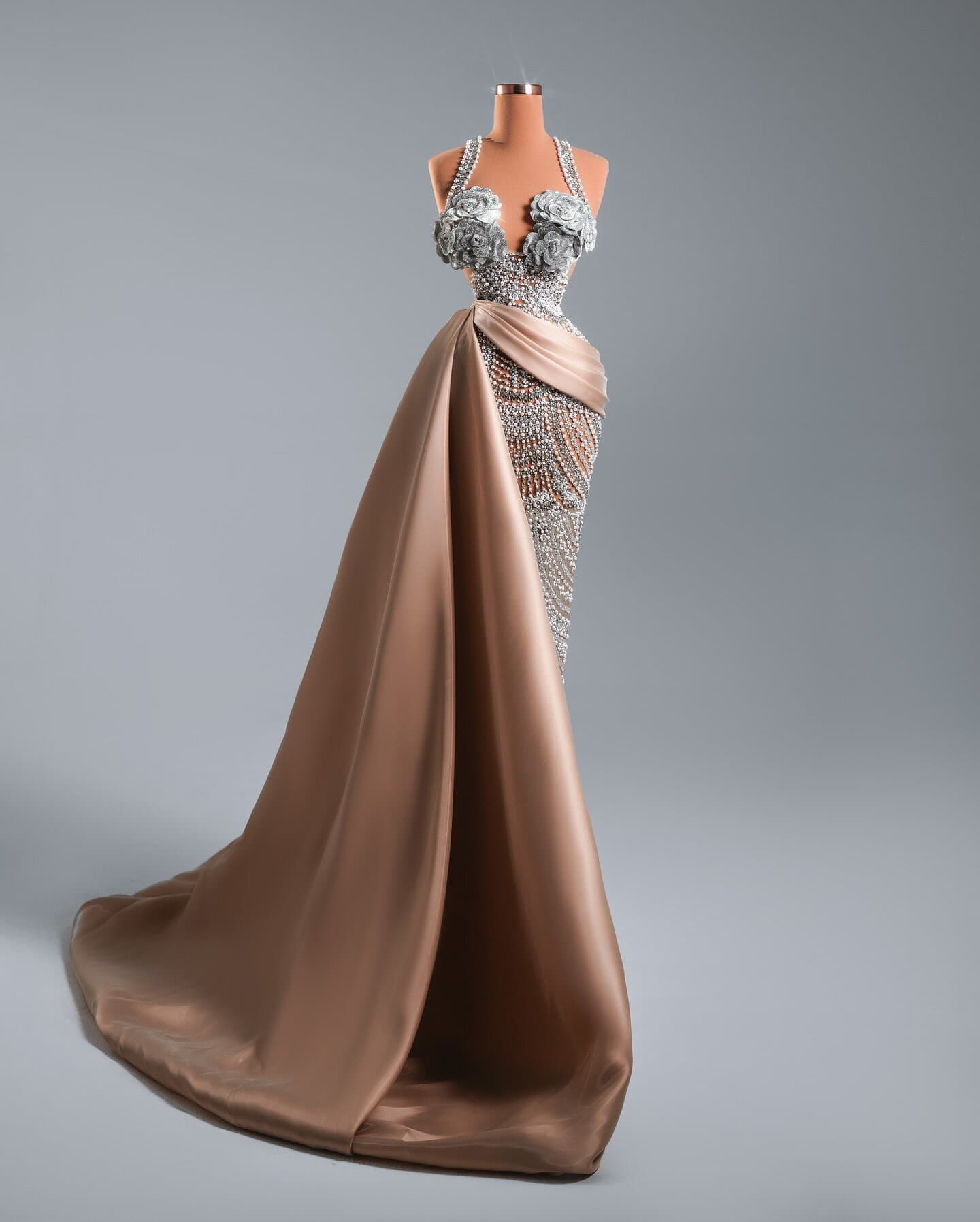 MAYLIS — champagne satin mermaid gown with silver flower bodice (view 2)