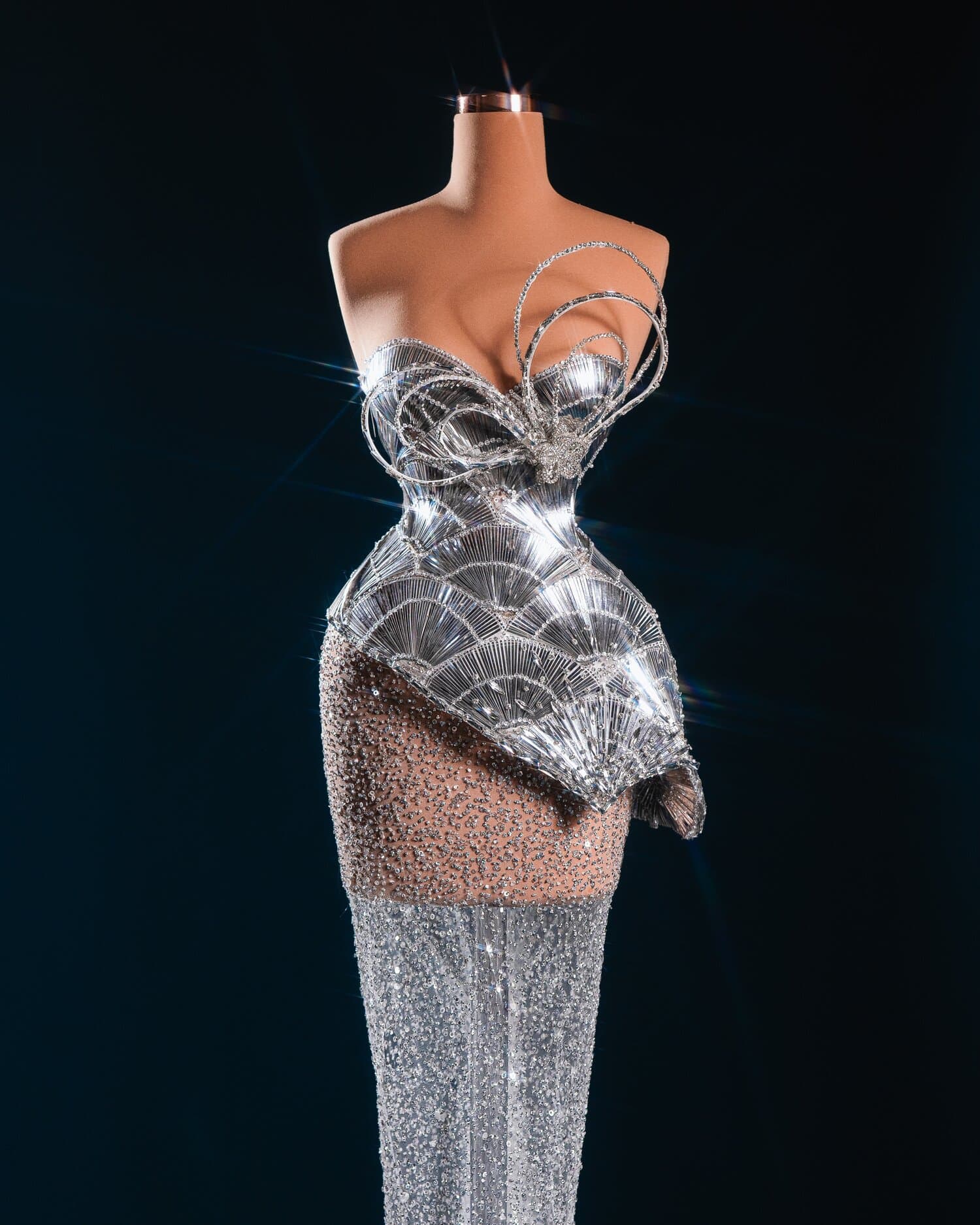 OPHELIA — silver fan bodice gown with glitter train