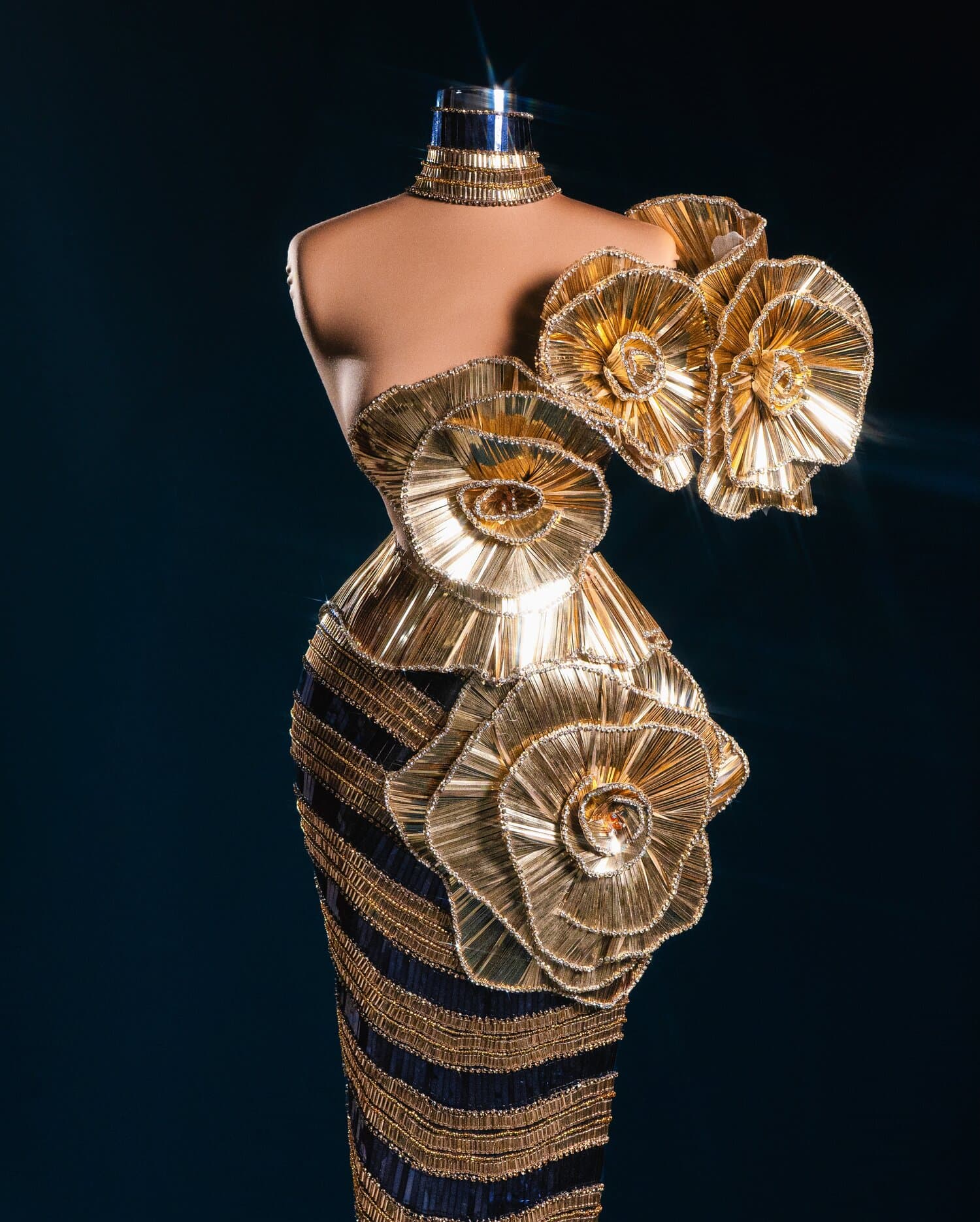 ROSALIND — striped gown with cascading gold roses and choker