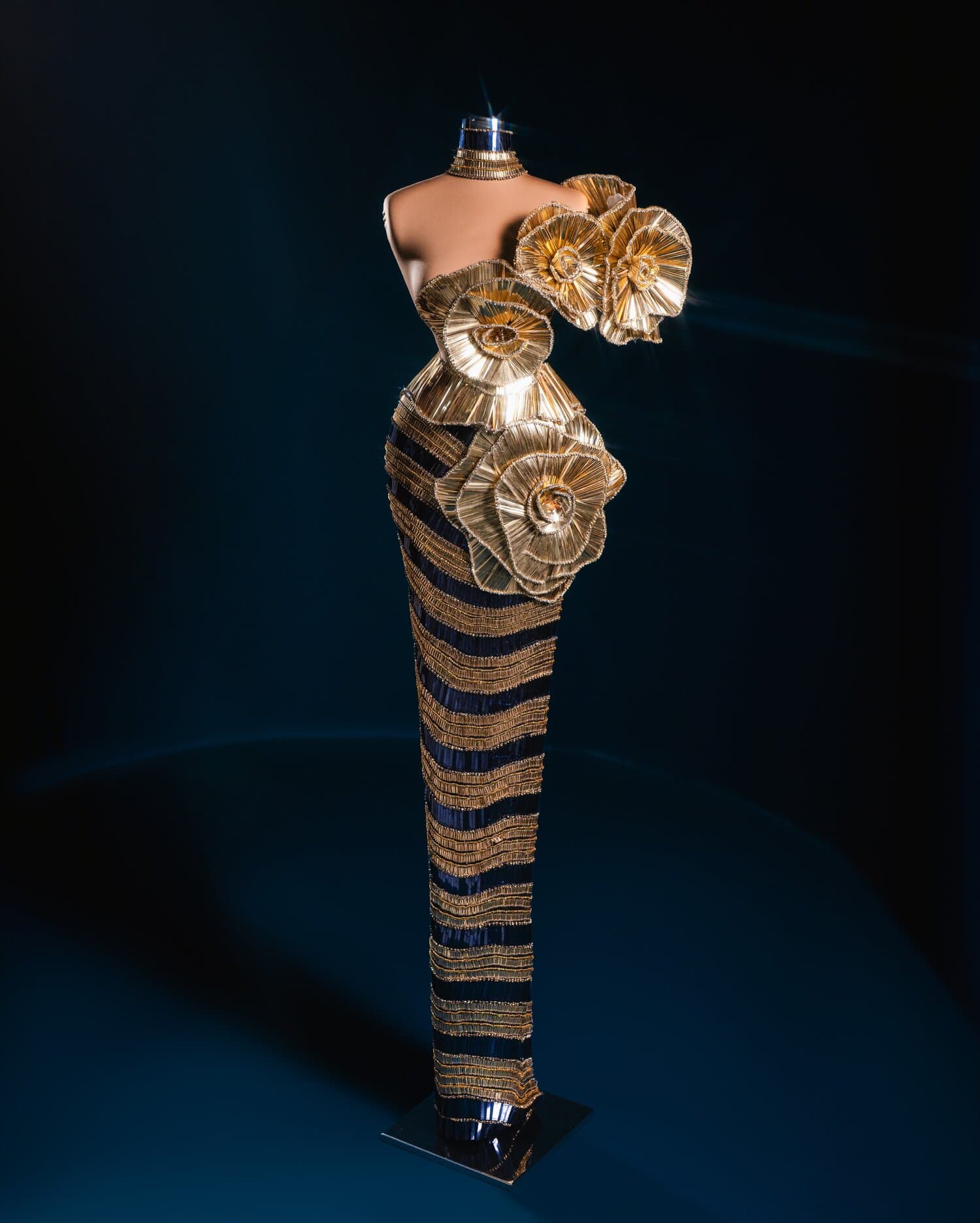 ROSALIND — striped gown with cascading gold roses and choker (view 3)