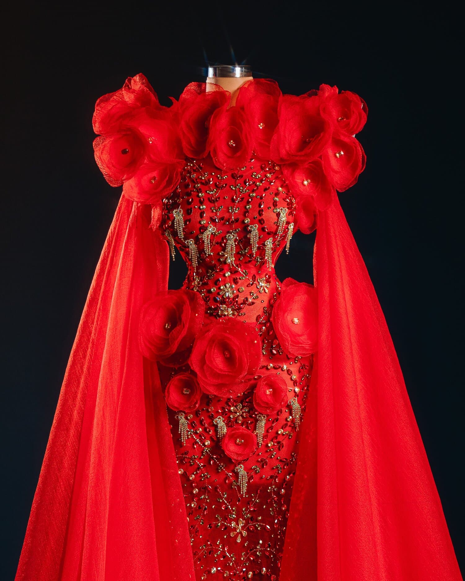 RUBINA — red rose crystal gown with cape