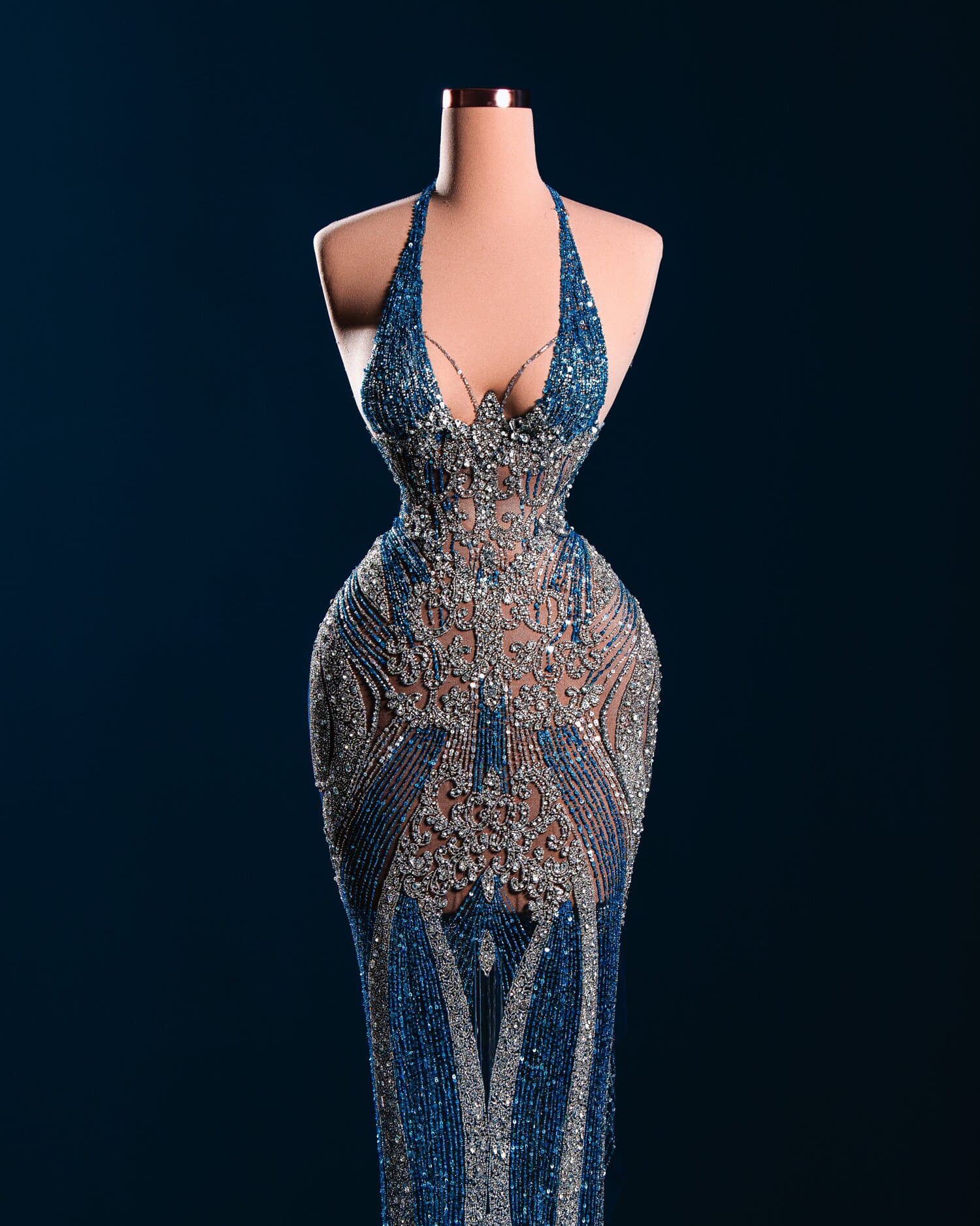 SELVIA — teal halter beaded illusion gown
