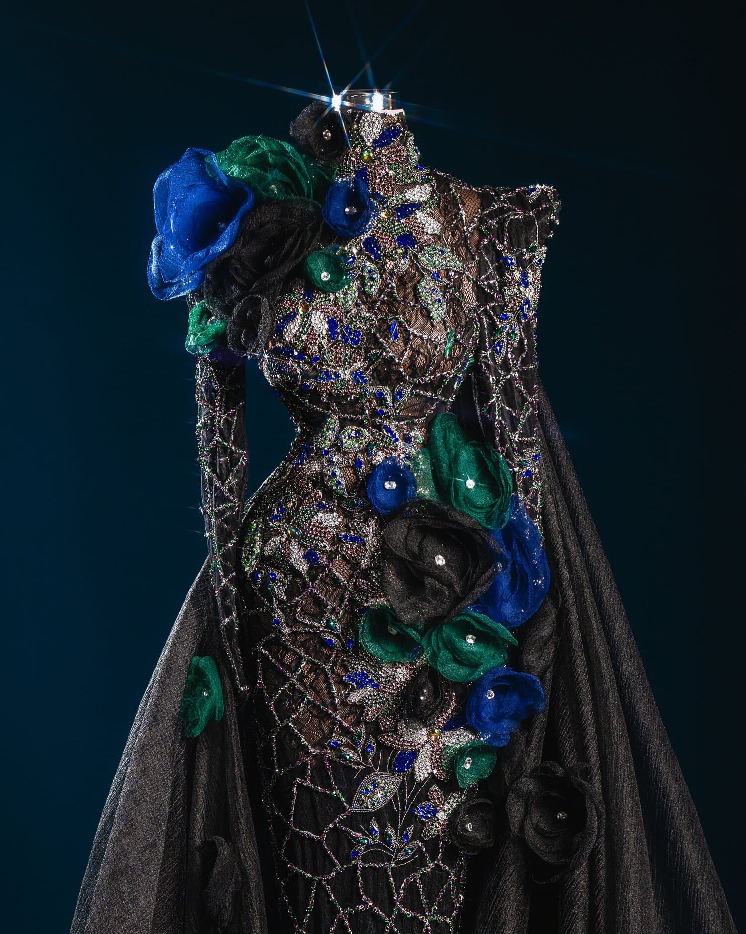 VESNA — black gown with peacock floral beading and organza train