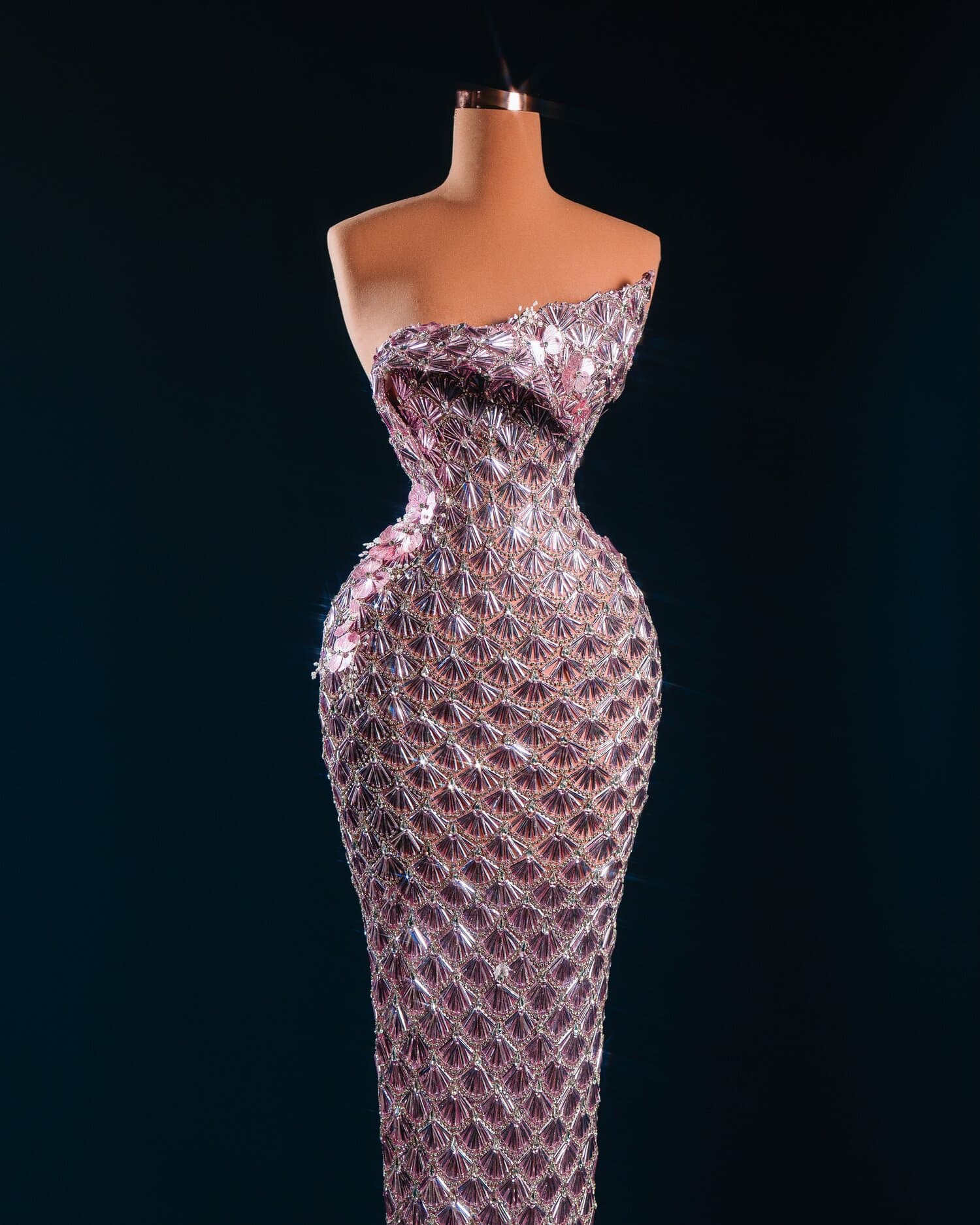 VIONNA — blush shell sequin off shoulder draped gown