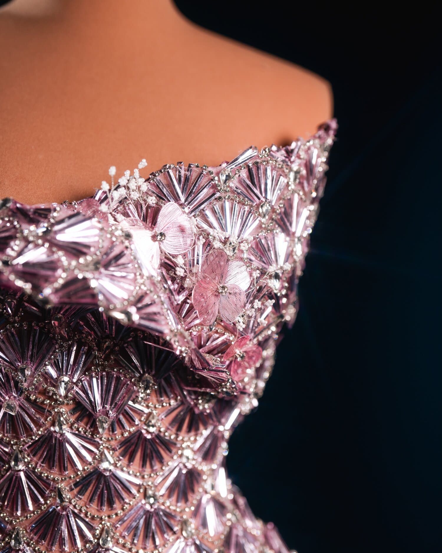 VIONNA — blush shell sequin off shoulder draped gown (view 3)
