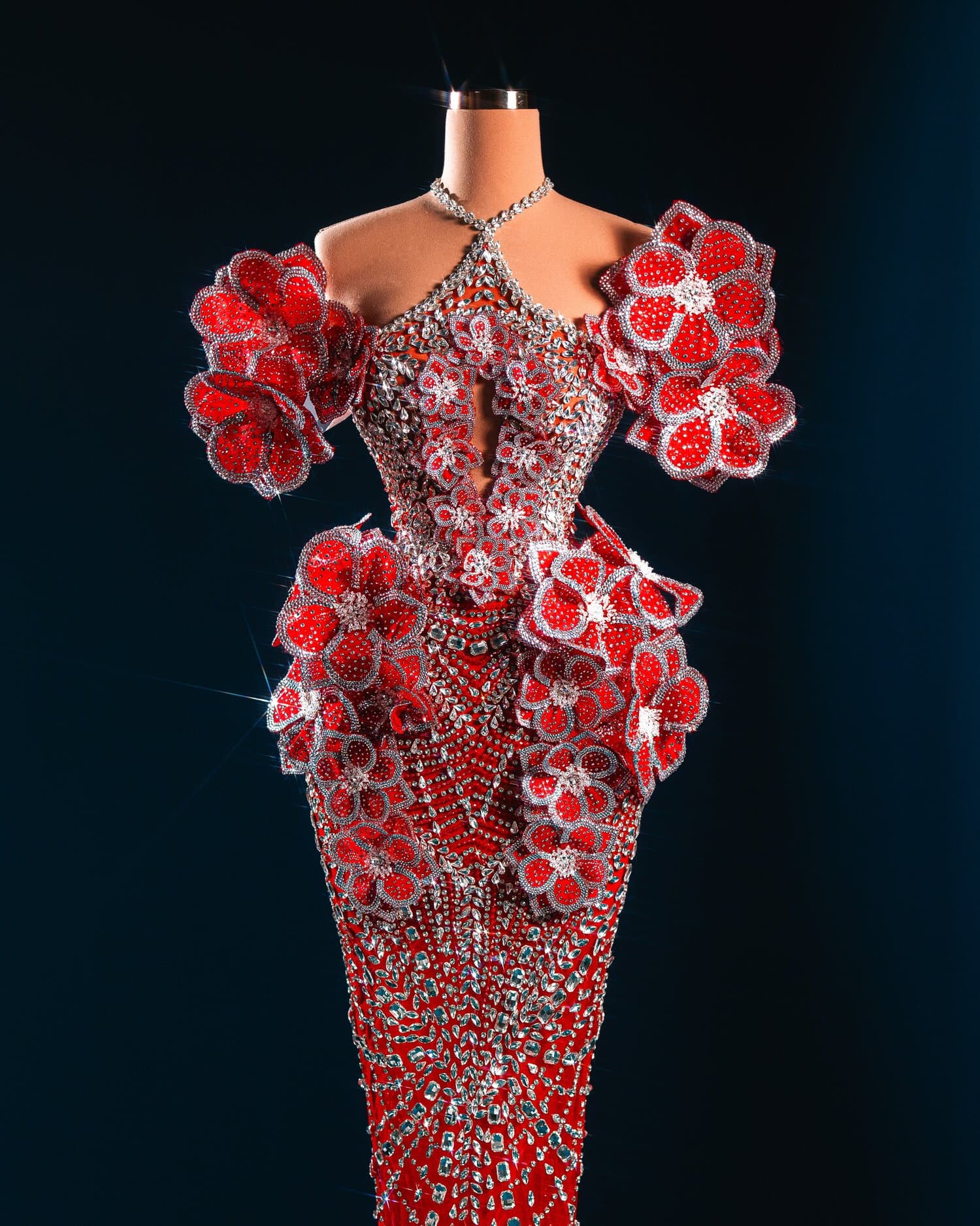 VIVARA — red poppy crystal halter gown