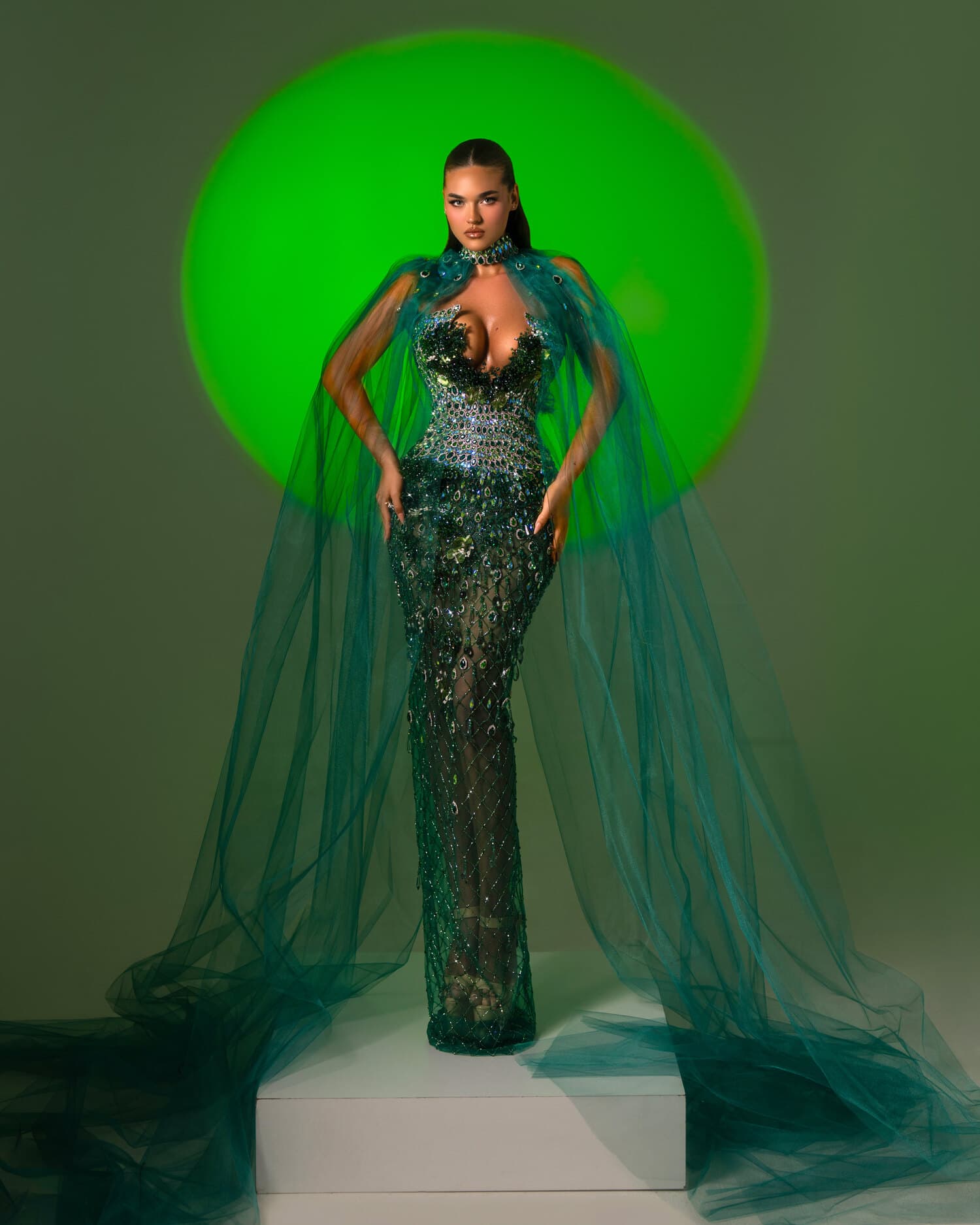 ESMERA — emerald sequin mermaid with sheer emerald tulle cape, ÉCLAT collection by BLINI