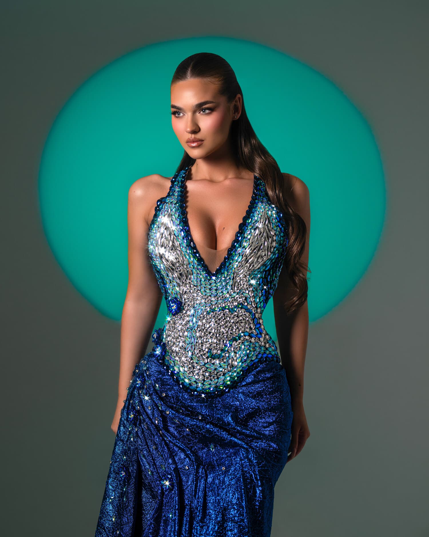 OCÉANE — ocean-teal sequin mermaid with plunging halter neckline, ÉCLAT collection by BLINI