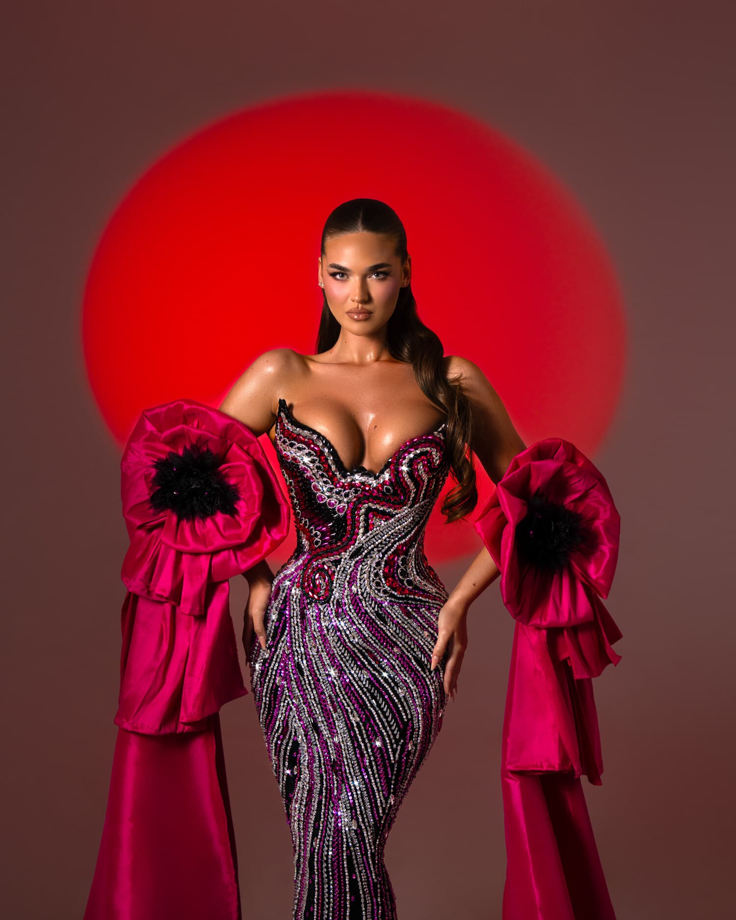 ROSANIA — lilac crystal mermaid with magenta organza cape and gloves, ÉCLAT collection by BLINI