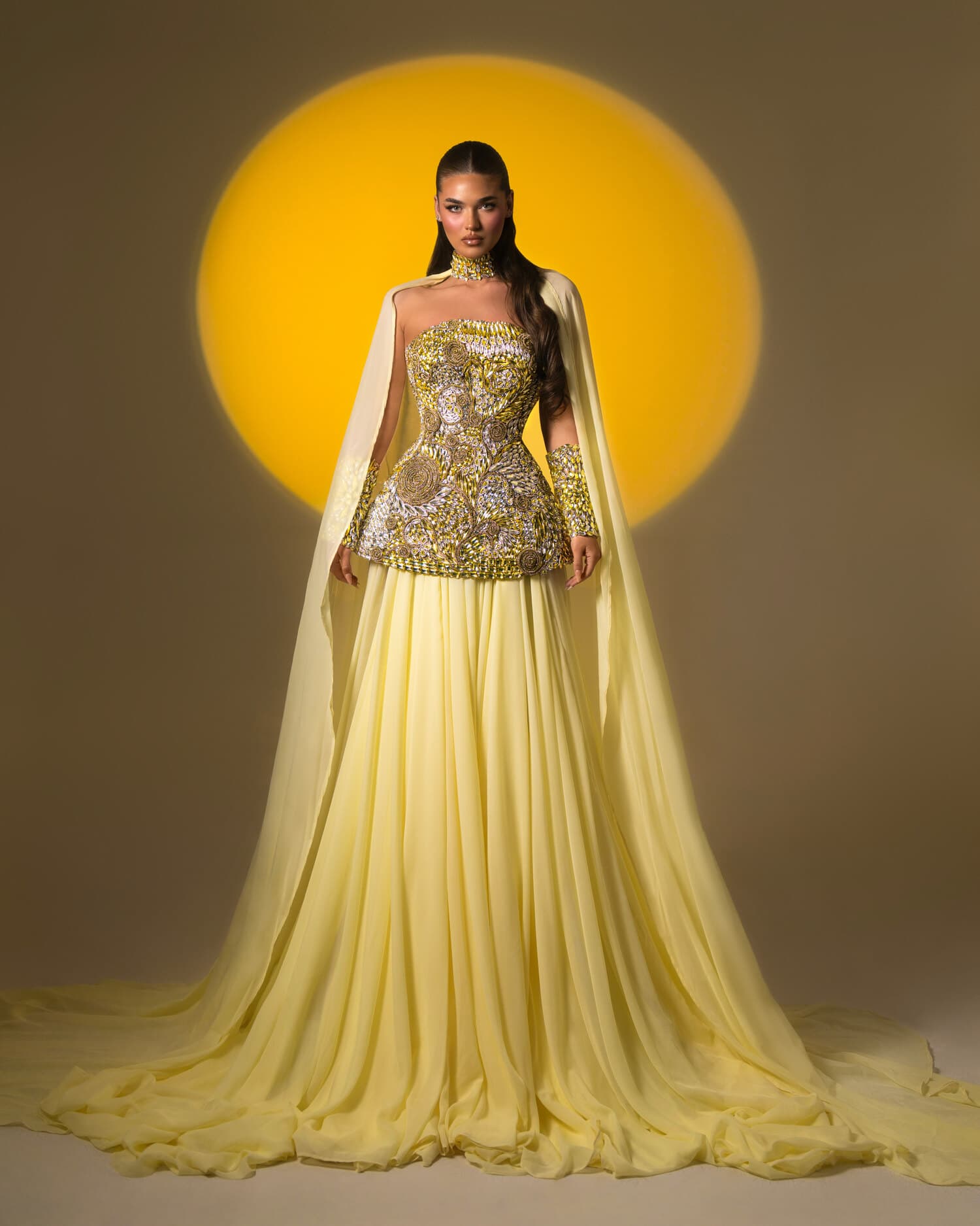 SOLÈNE — lemon-chiffon couture gown with gold-green sequin bodice and draped cape sleeves, ÉCLAT collection by BLINI