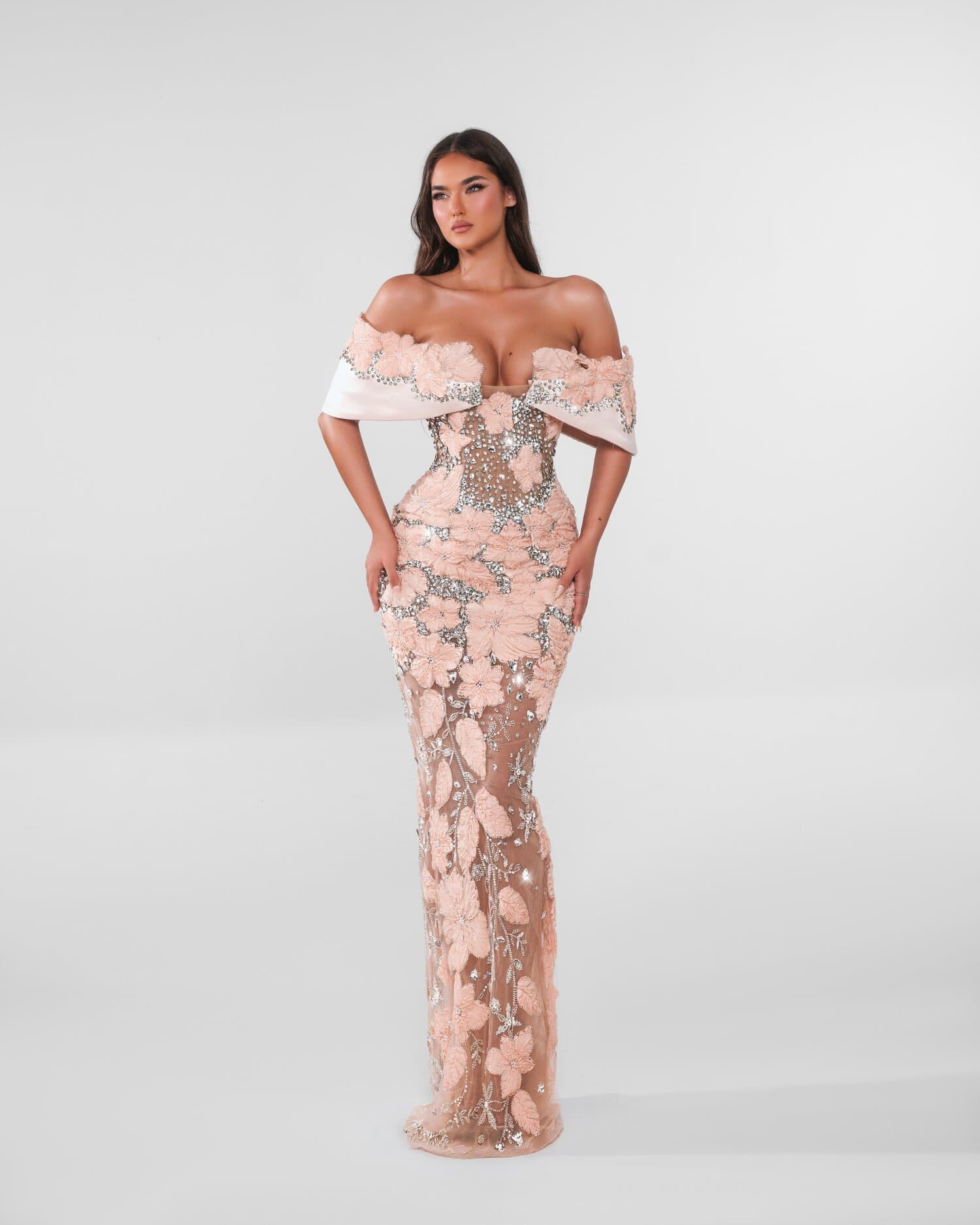 AMANDELLE — off-shoulder blush floral column gown, ESTA collection by BLINI