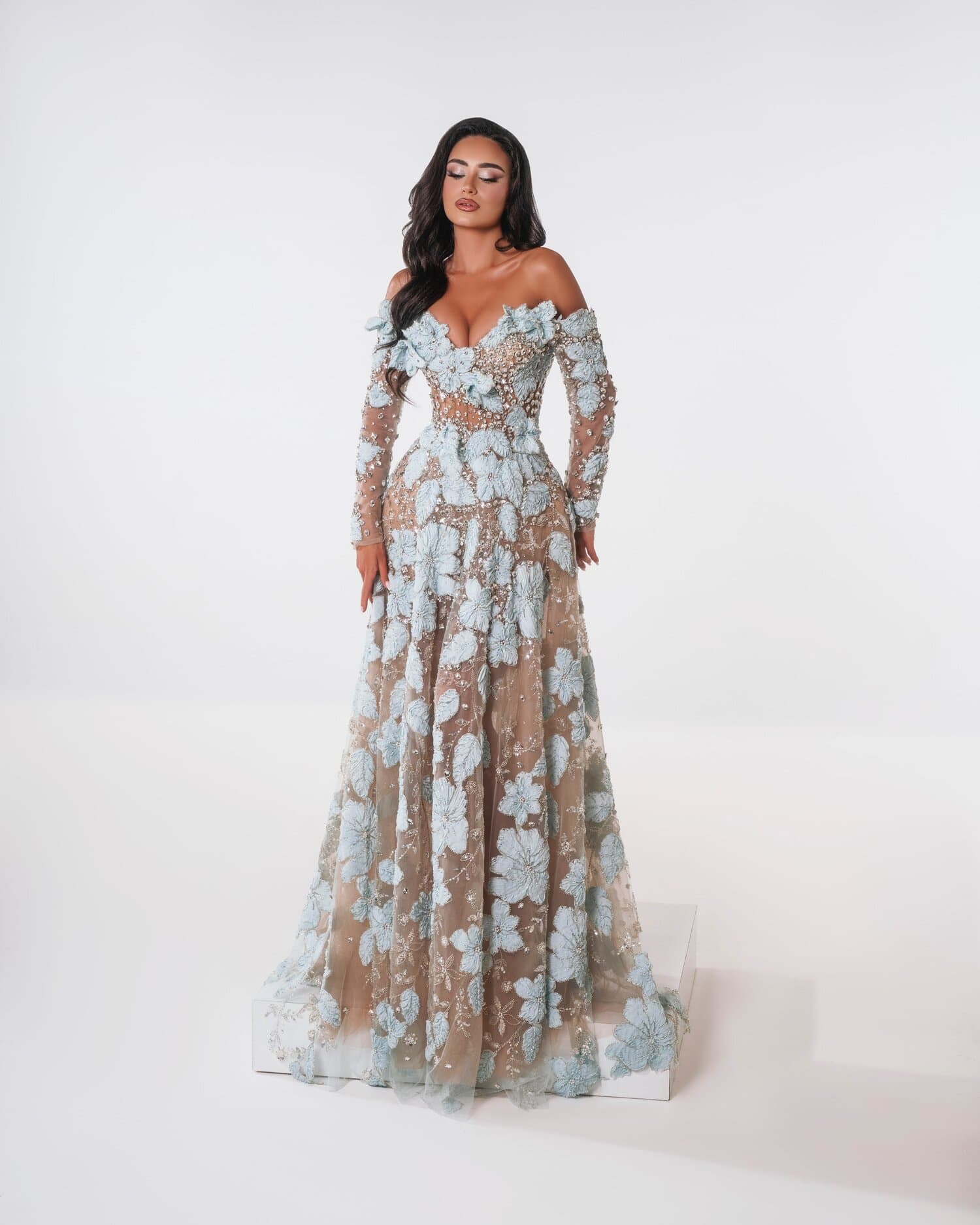 GIVRELLE — Off-the-shoulder A-line gown in ice-blue florals