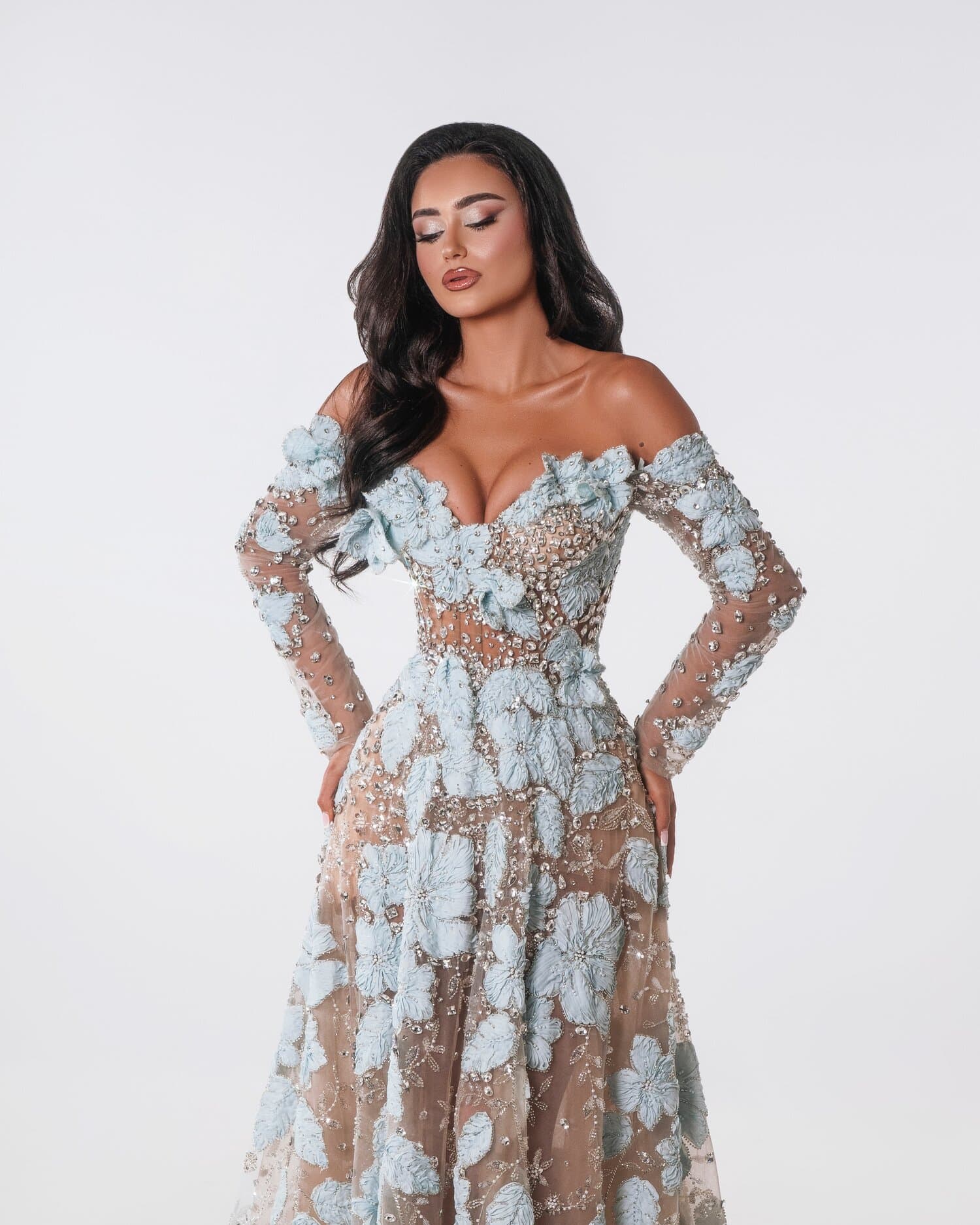 GIVRELLE — Off-the-shoulder A-line gown in ice-blue florals