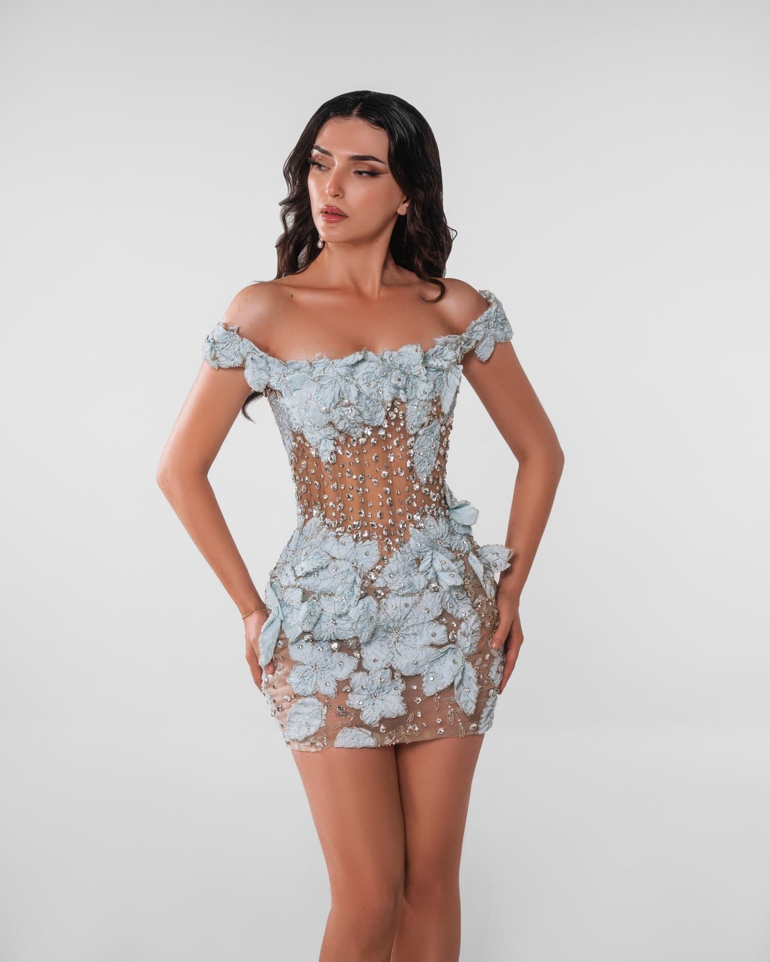 GLACETTE — The ESTA mini in ice blue: off-the-shoulder corsetry on nude tulle, hand-cut fro
