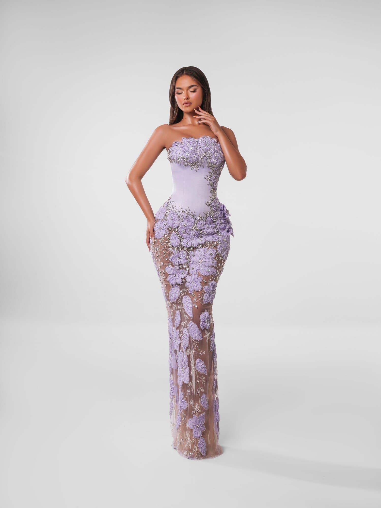 LILACINE — strapless lilac gown with petal-embroidered skirt, ESTA collection by BLINI