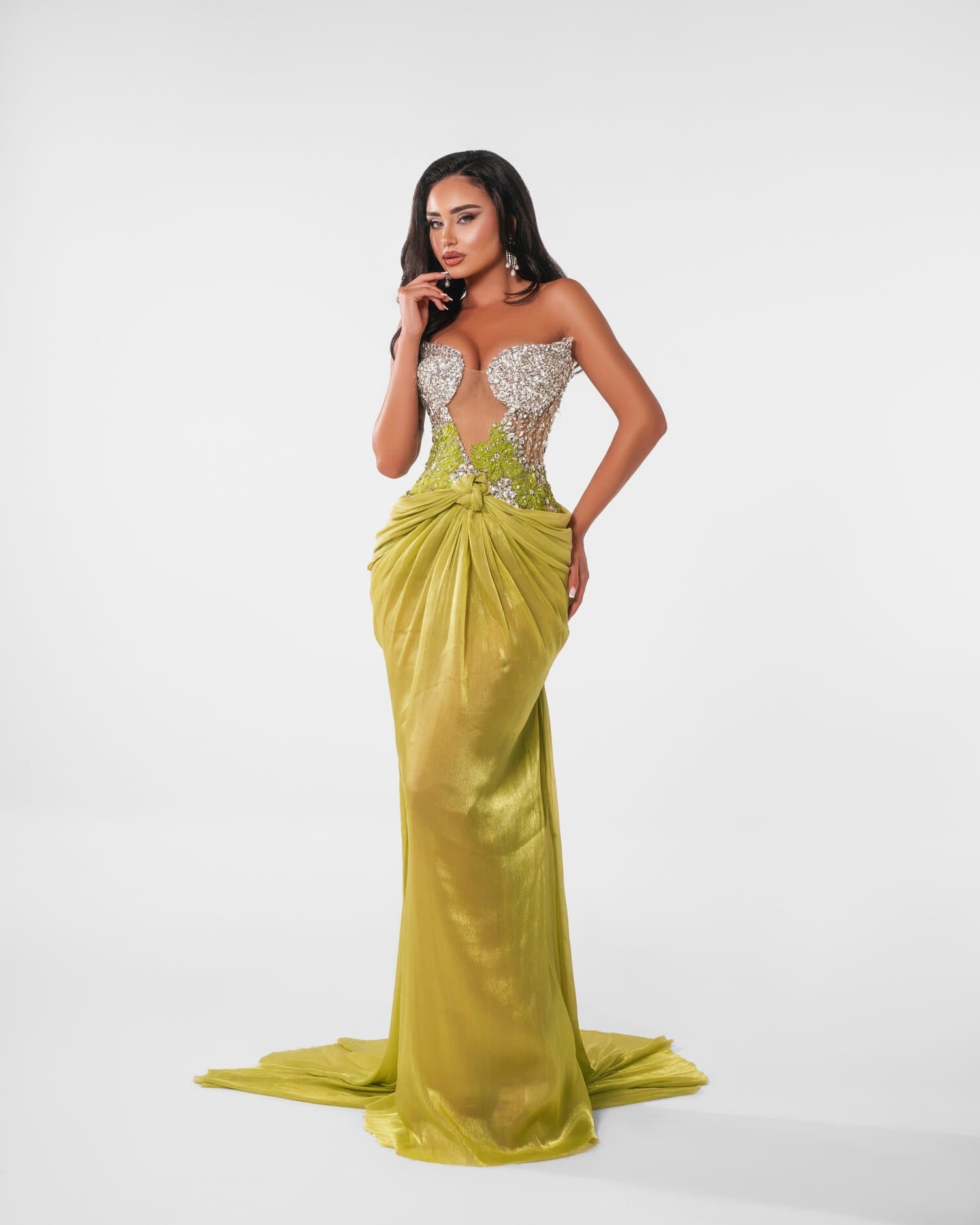 LIMETTE — Plunging crystal bust knotted into a chartreuse sarong drape that pools into a m