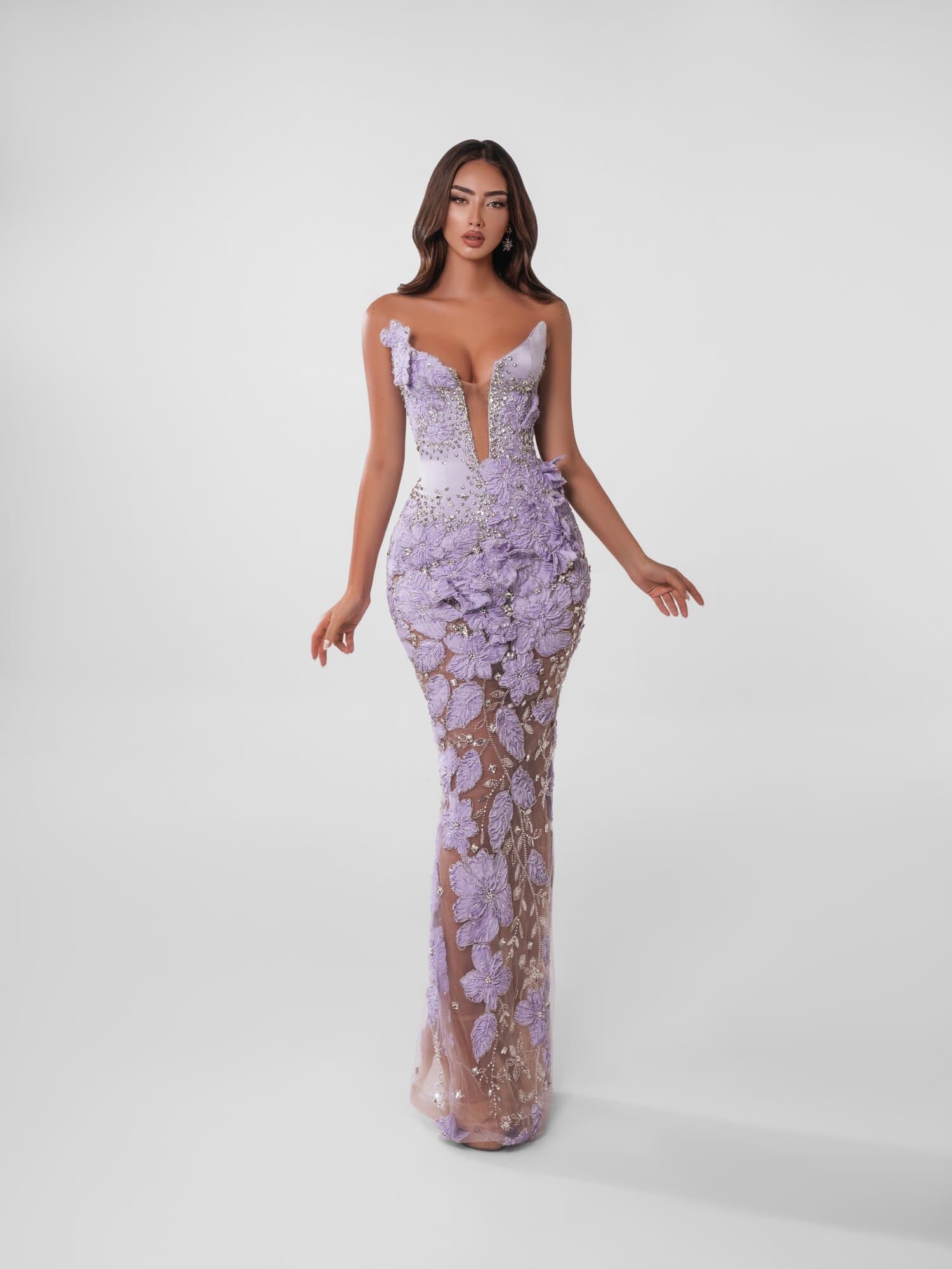 MAUVELLE — strappy lilac plunge mermaid with 3D petals, ESTA collection by BLINI