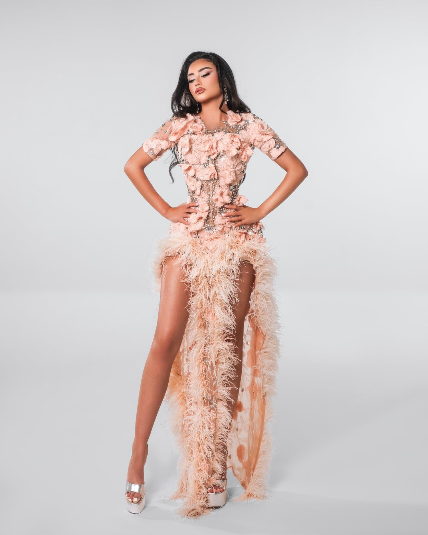 PEONELLE — blush floral corset gown with feathered high-slit skirt, ESTA collection by BLINI