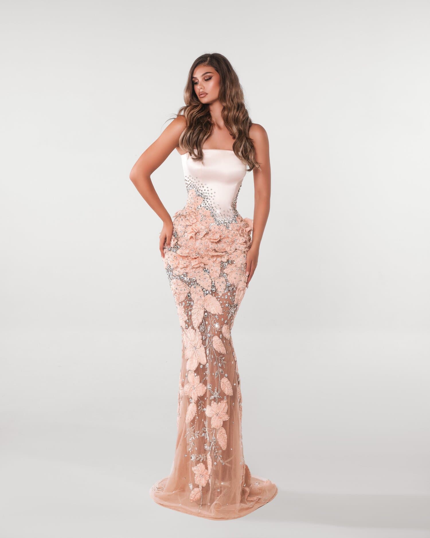 PETALINE — strapless blush satin gown with 3D petal skirt, ESTA collection by BLINI