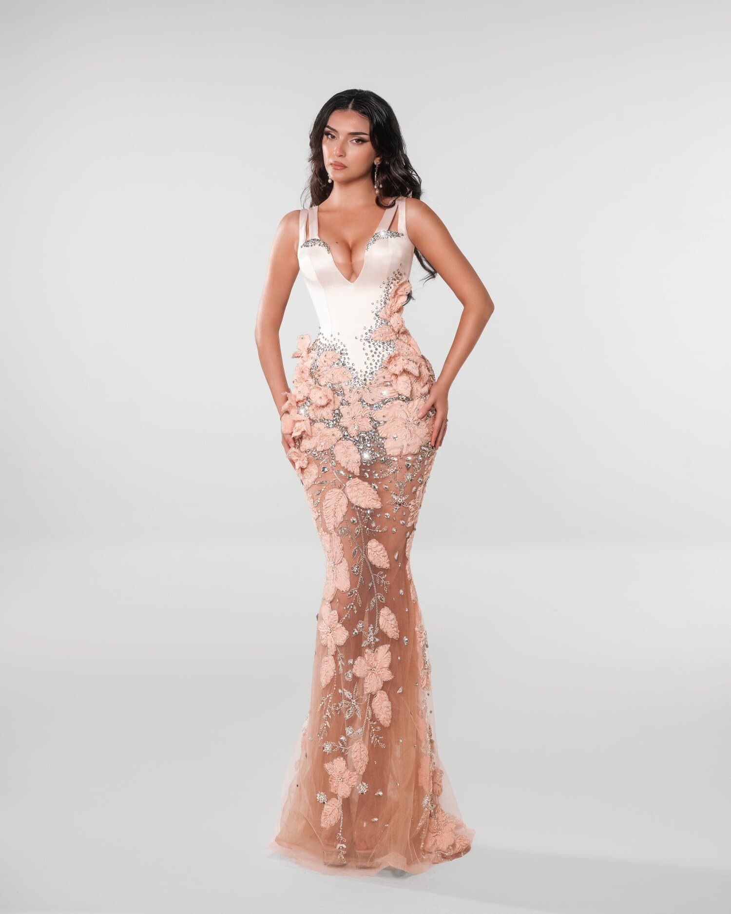 ROSABELLE — blush satin plunge gown with 3D peach blooms, ESTA collection by BLINI