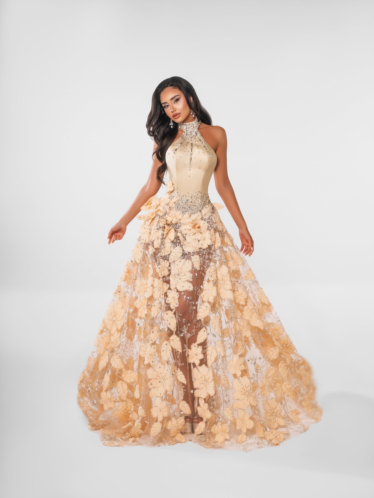 VANILLETTE — High-neck halter ballgown in cream