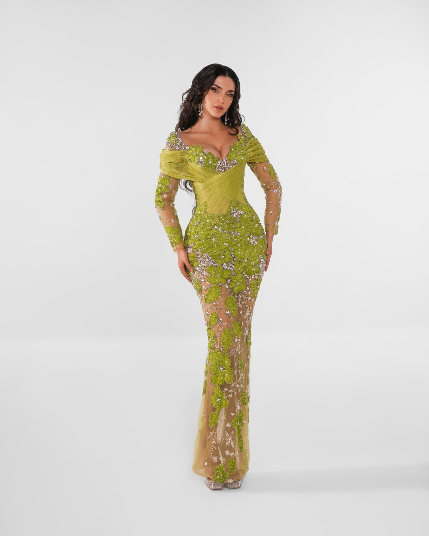 VERDINELLE — Off-the-shoulder long-sleeve gown in chartreuse