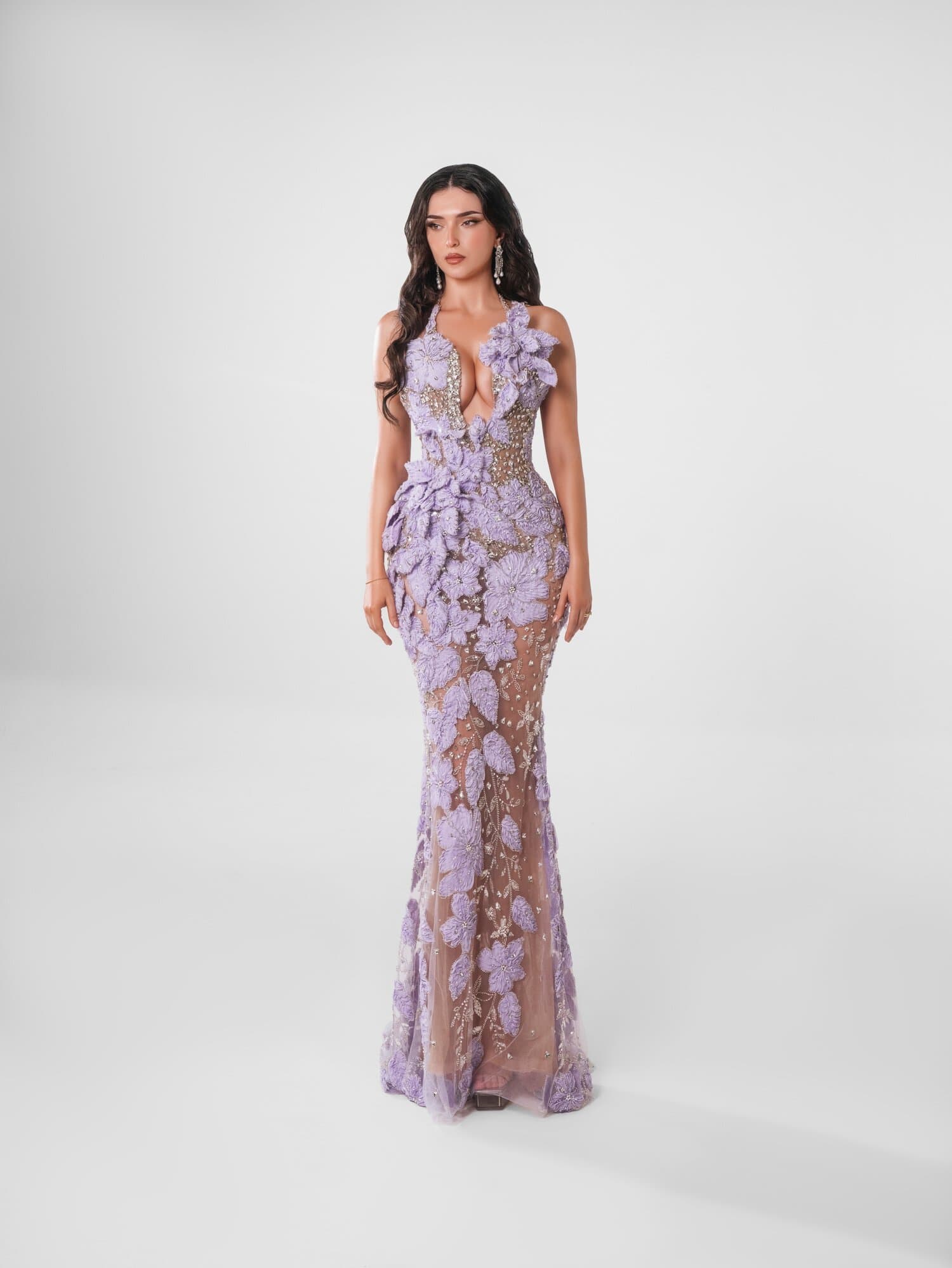 VIOLANTHE — lilac plunge gown with ruffled petal neckline, ESTA collection by BLINI