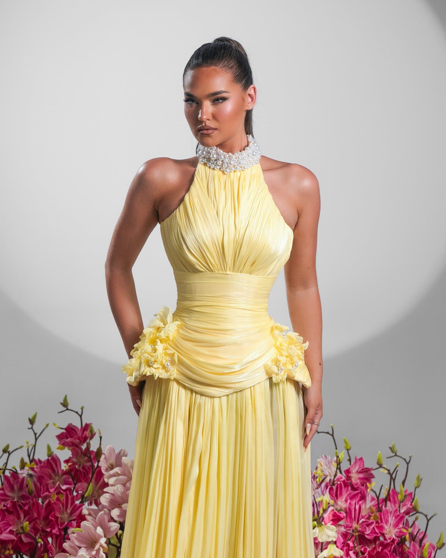 MIMOSA — soft-yellow halter gown with pearl collar and silk flowers, FLEURA collection by BLINI