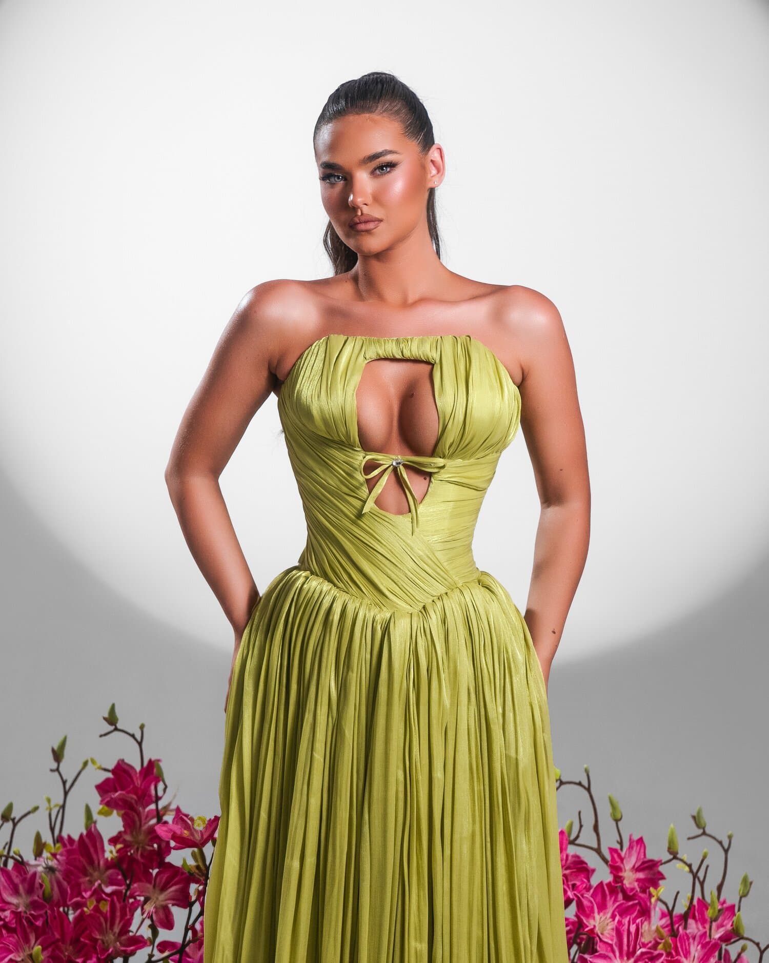 VERDEA — chartreuse strapless keyhole gown with jeweled bow, FLEURA collection by BLINI