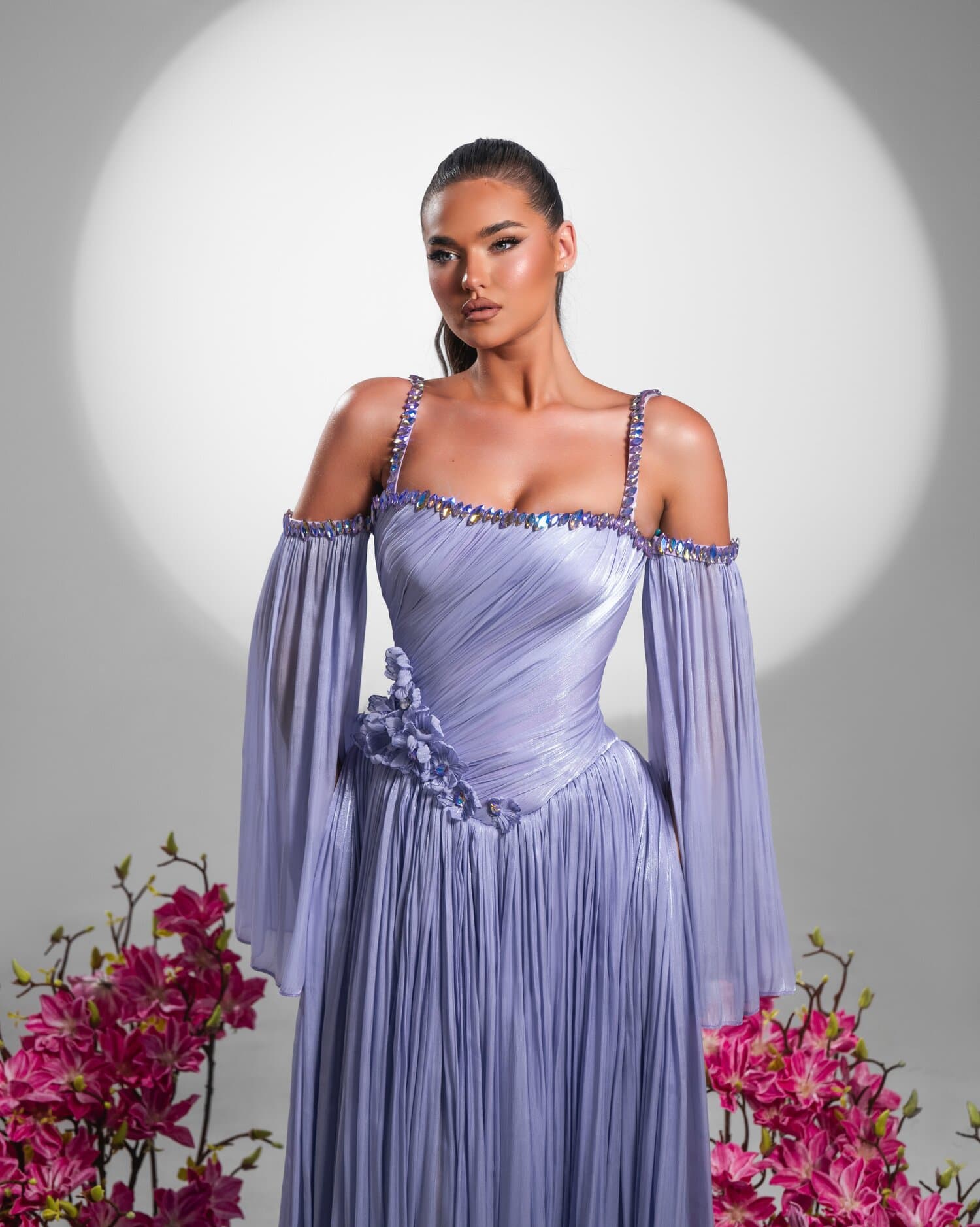 VIOLETTE — lavender off-shoulder bell-sleeve gown with silk violets, FLEURA collection by BLINI